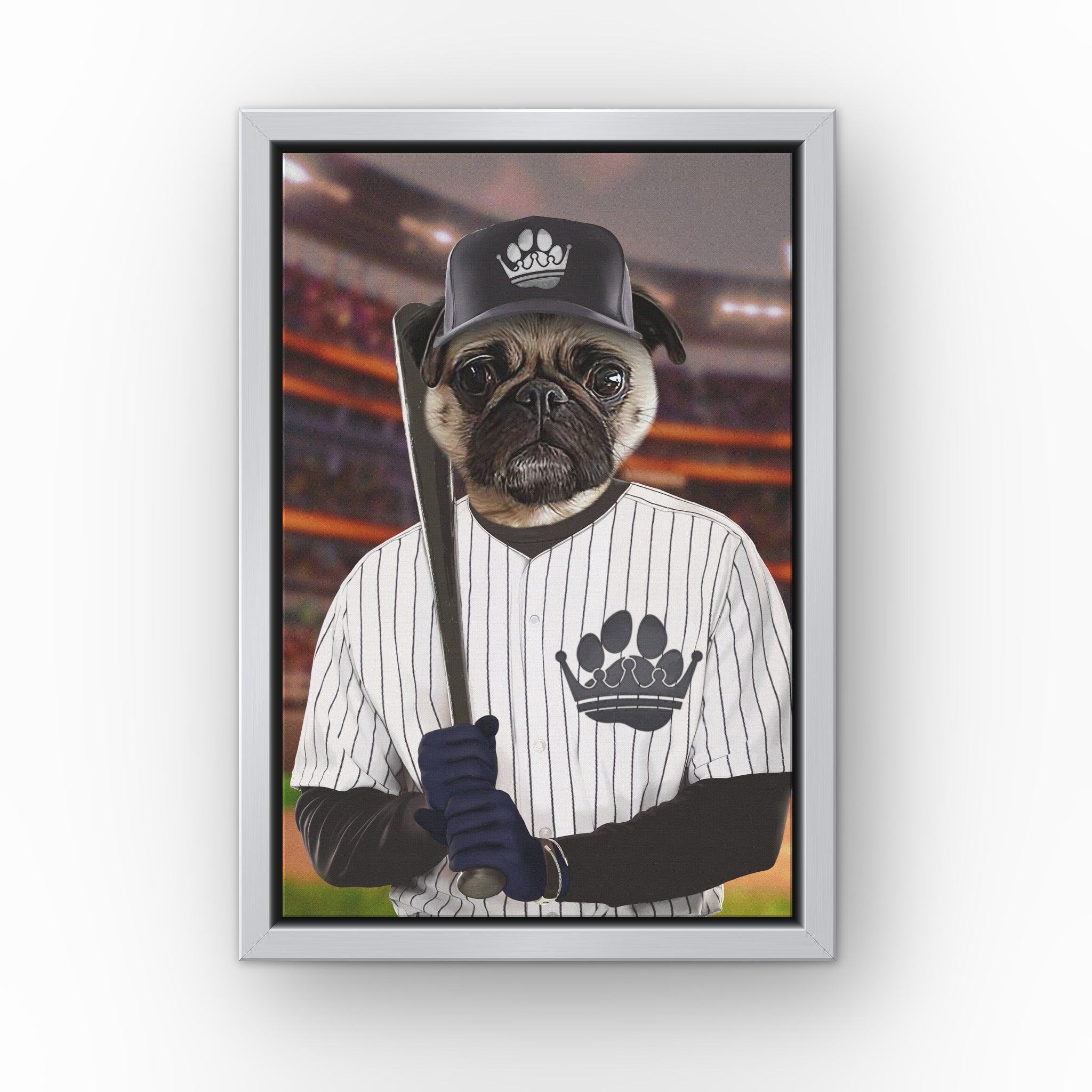 The NY Zoomies custom pet canvas in a silver floating frame