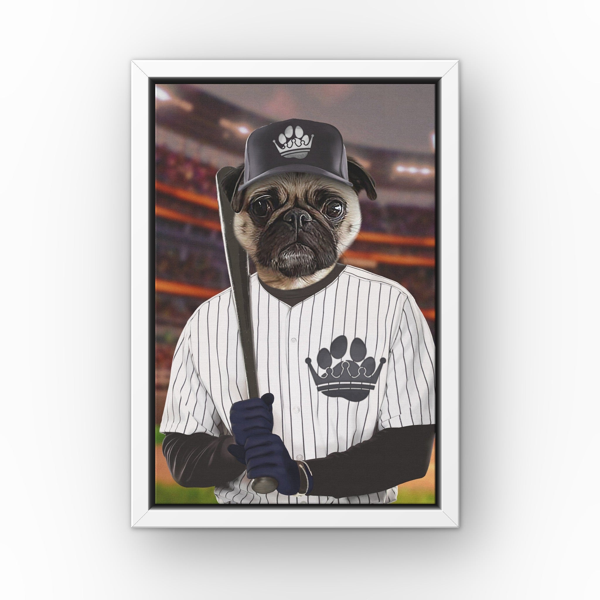 The NY Zoomies custom pet canvas in a white floating frame