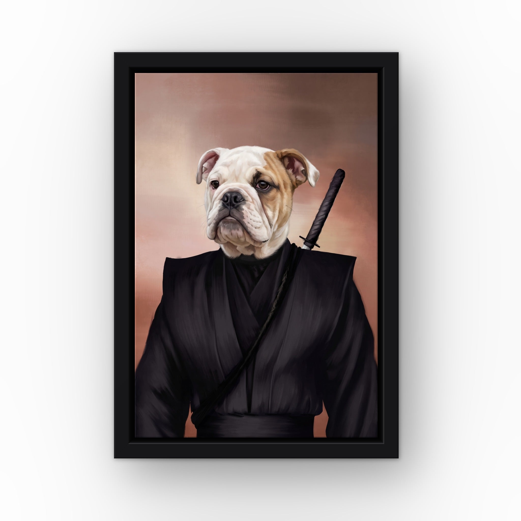 The Ninja custom pet canvas in a black floating frame