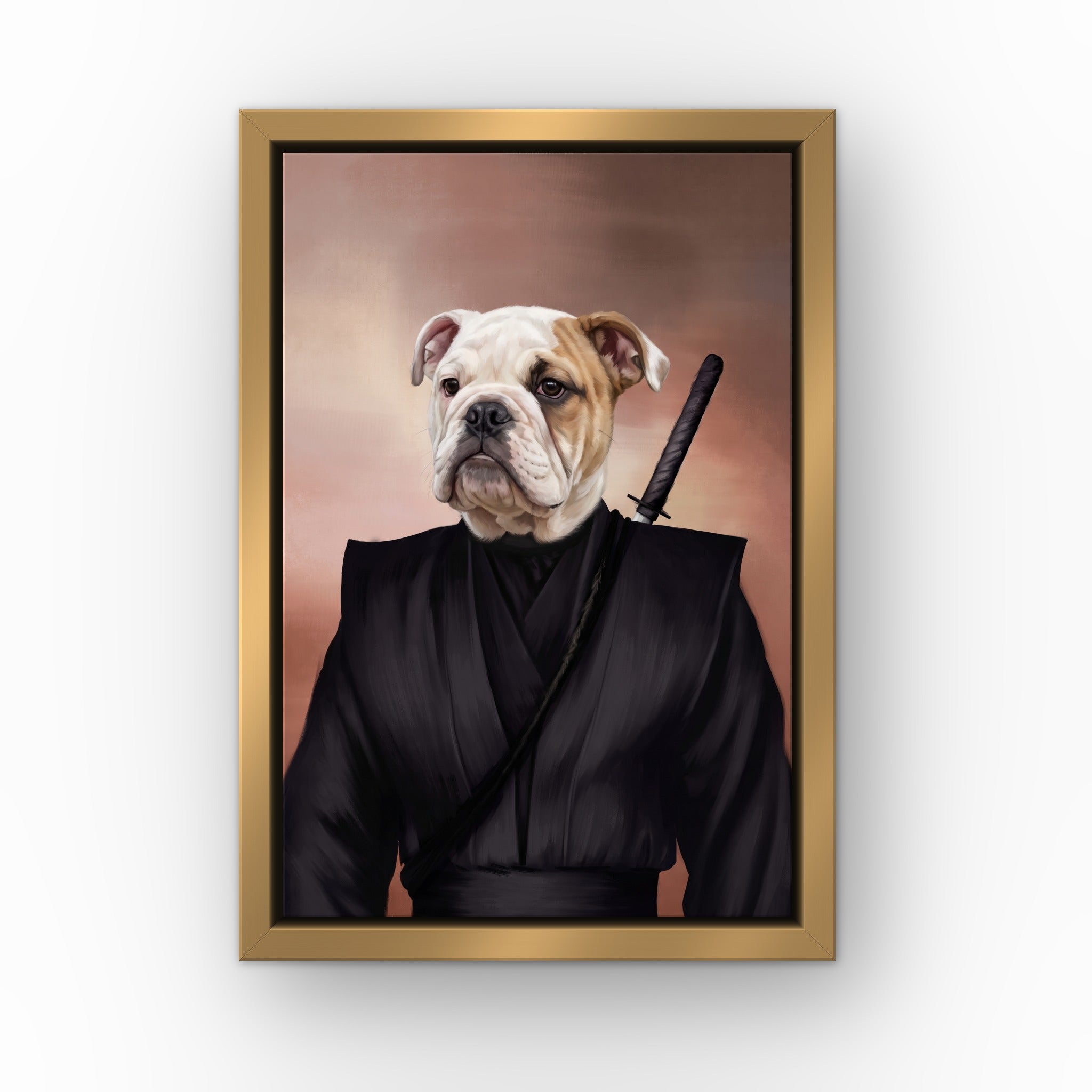 The Ninja custom pet canvas in a gold floating frame