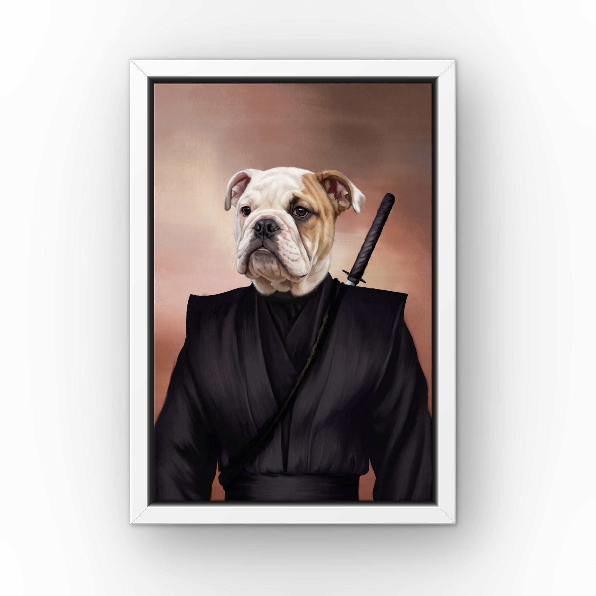 The Ninja custom pet canvas in a white floating frame