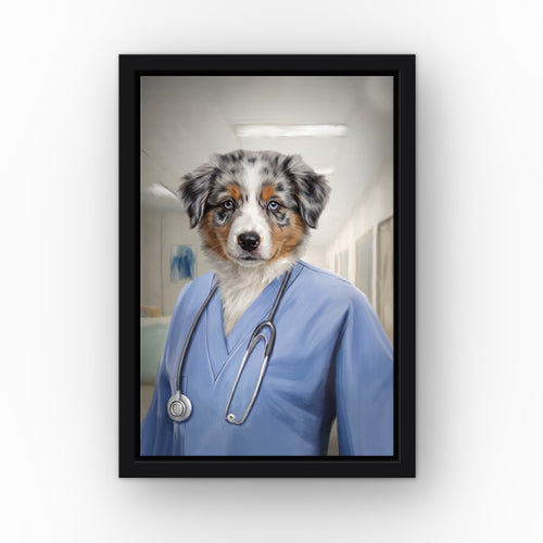The Nurse custom pet canvas in a black floating frame