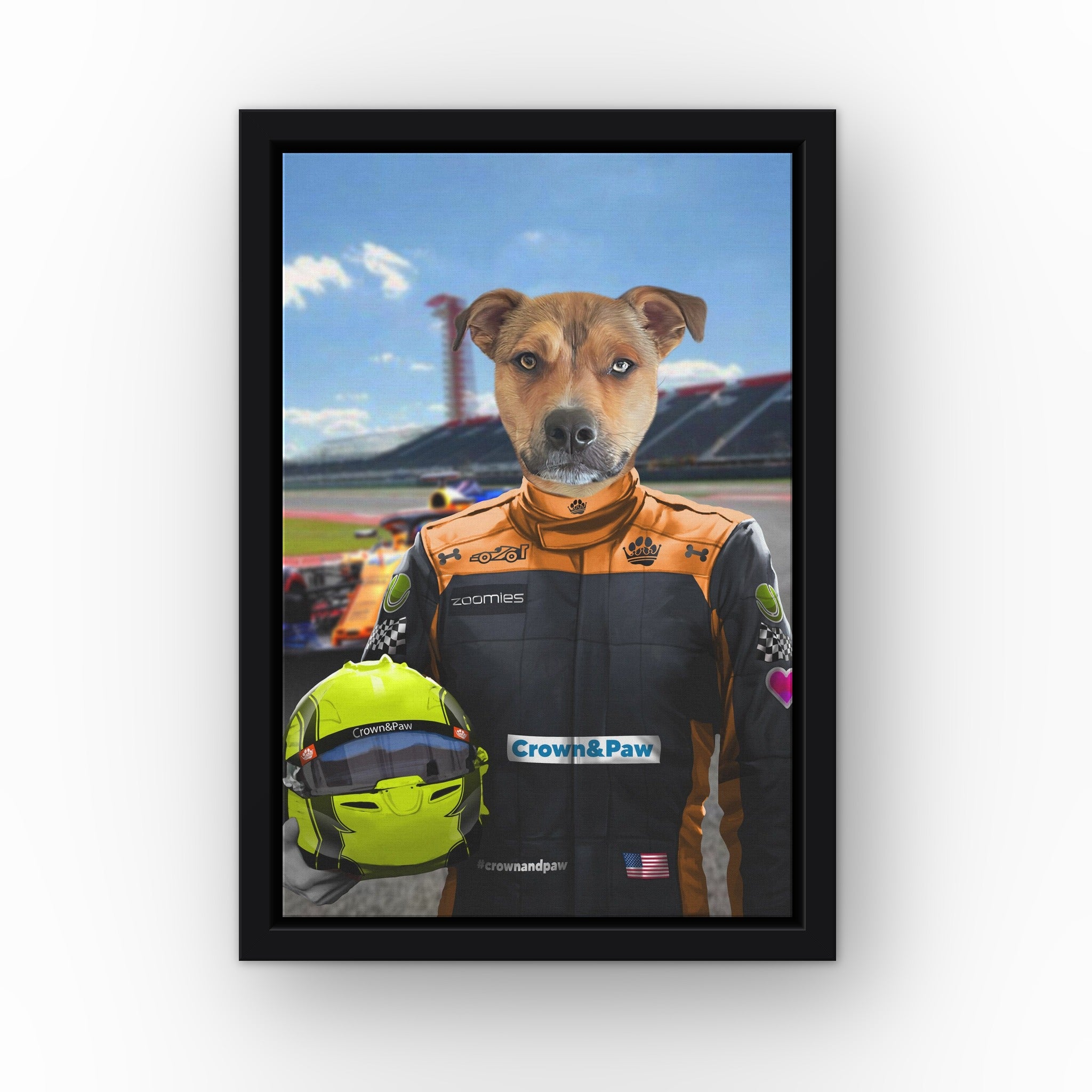 The Orange Driver custom pet canvas in a black floating frame