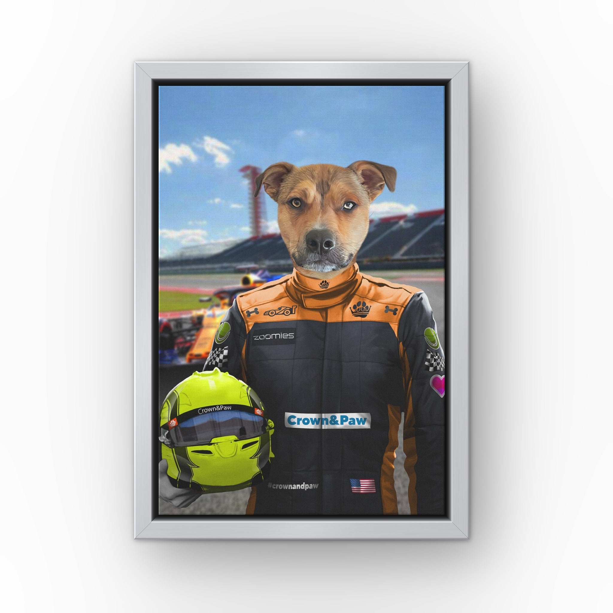 The Orange Driver custom pet canvas in a silver floating frame