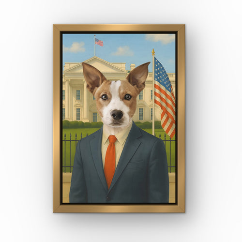 The POTUS custom pet canvas in a gold floating frame