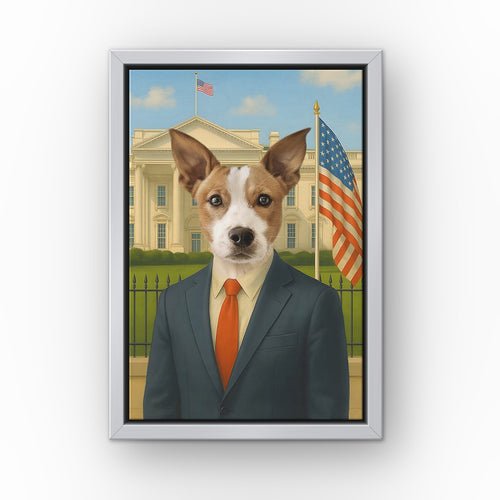 The POTUS custom pet canvas in a silver floating frame