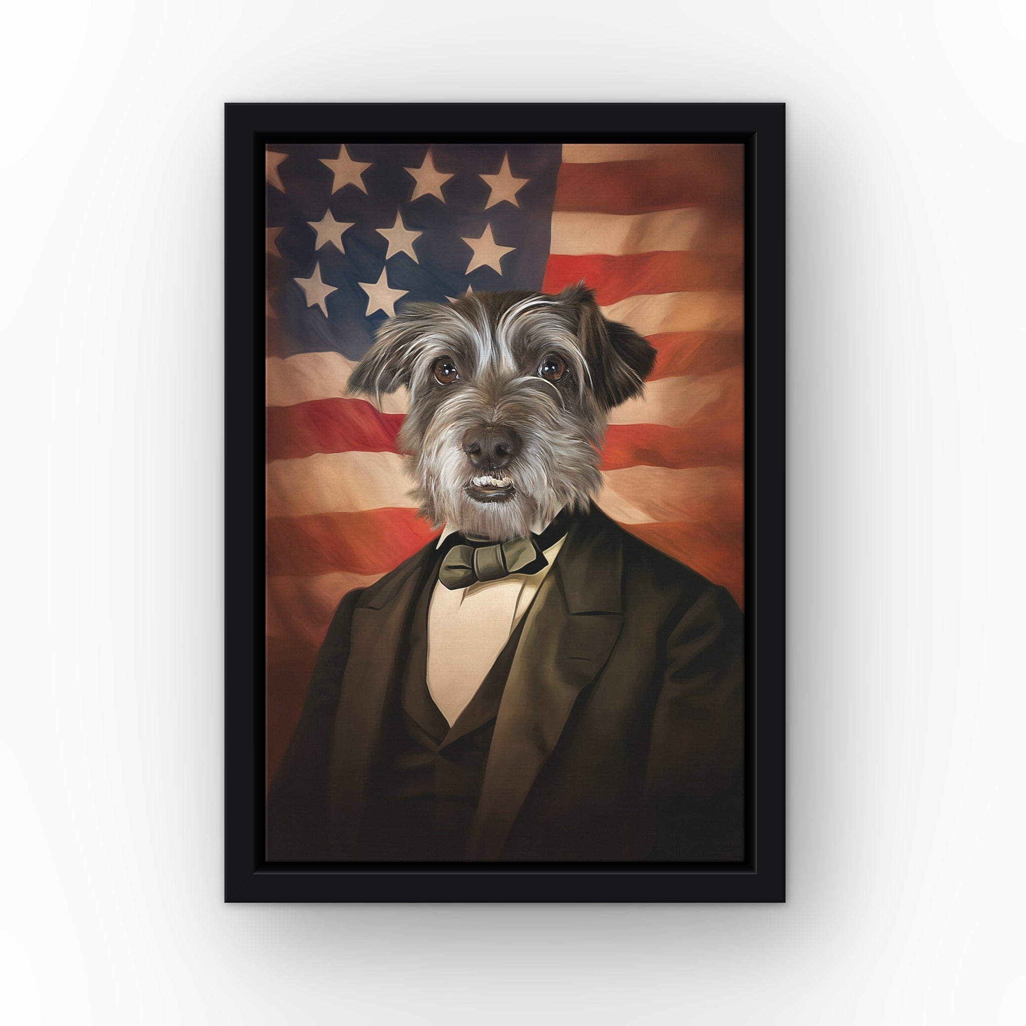 The Patriot custom pet canvas in a black floating frame