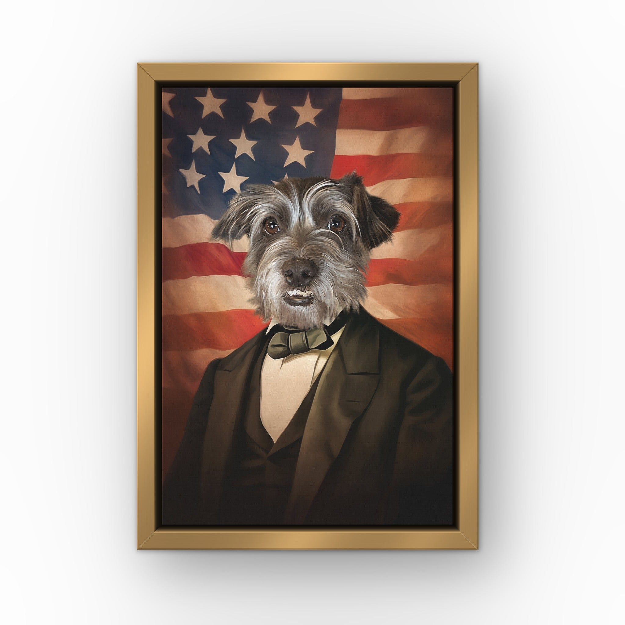 The Patriot custom pet canvas in a gold floating frame