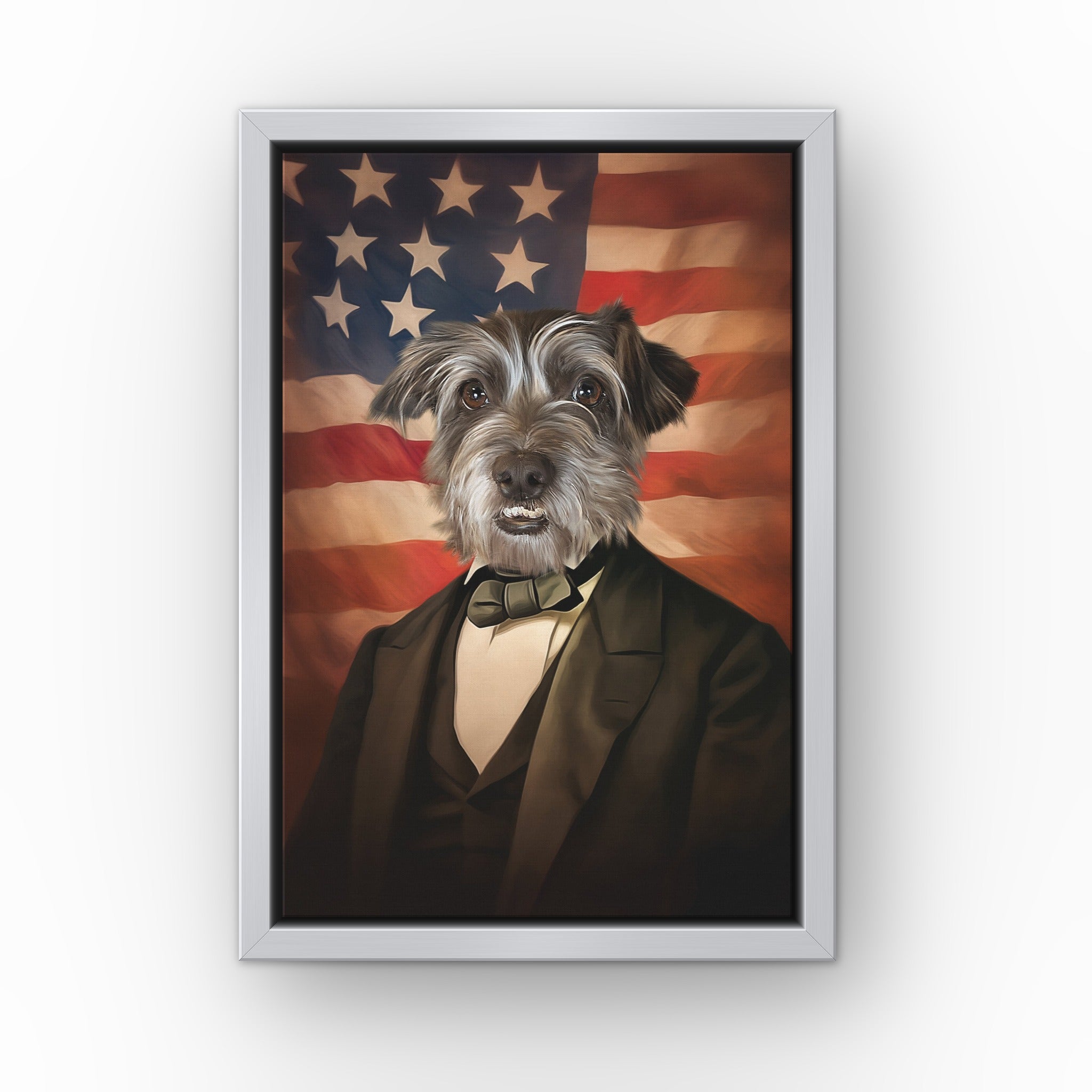 The Patriot custom pet canvas in a silver floating frame