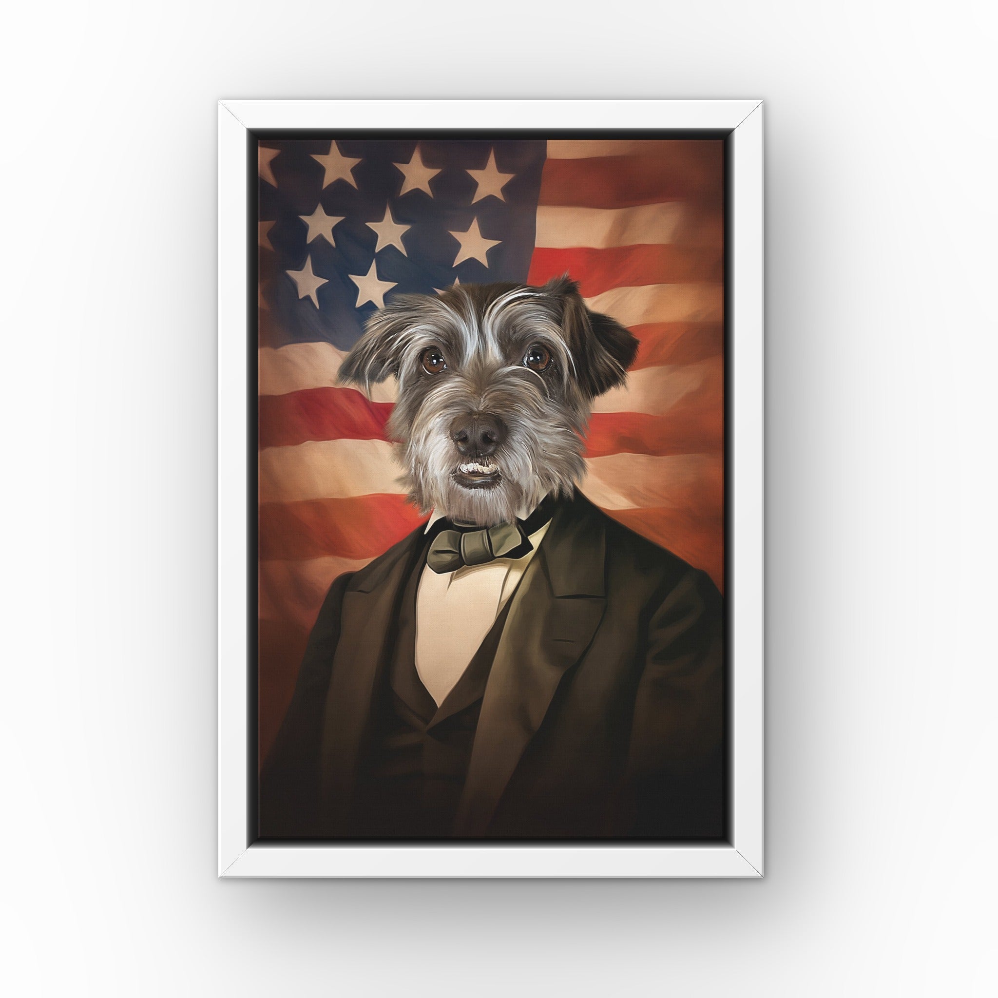 The Patriot custom pet canvas in a white floating frame
