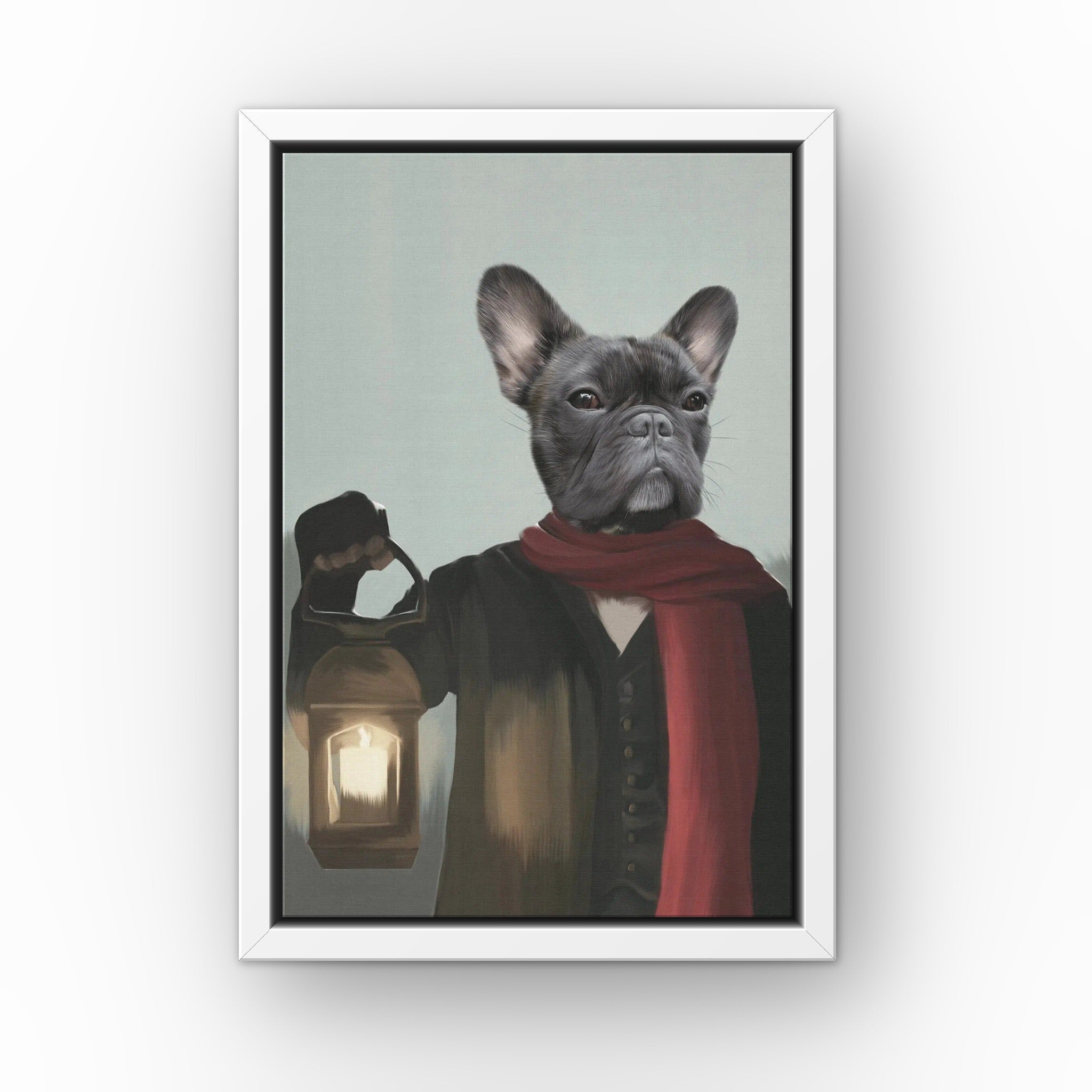 The Pauper custom pet canvas in a white floating frame