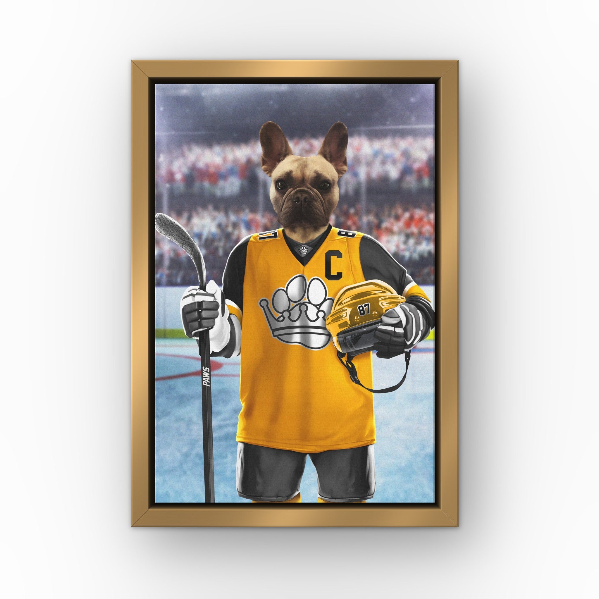 The Paws custom pet canvas in a gold floating frame