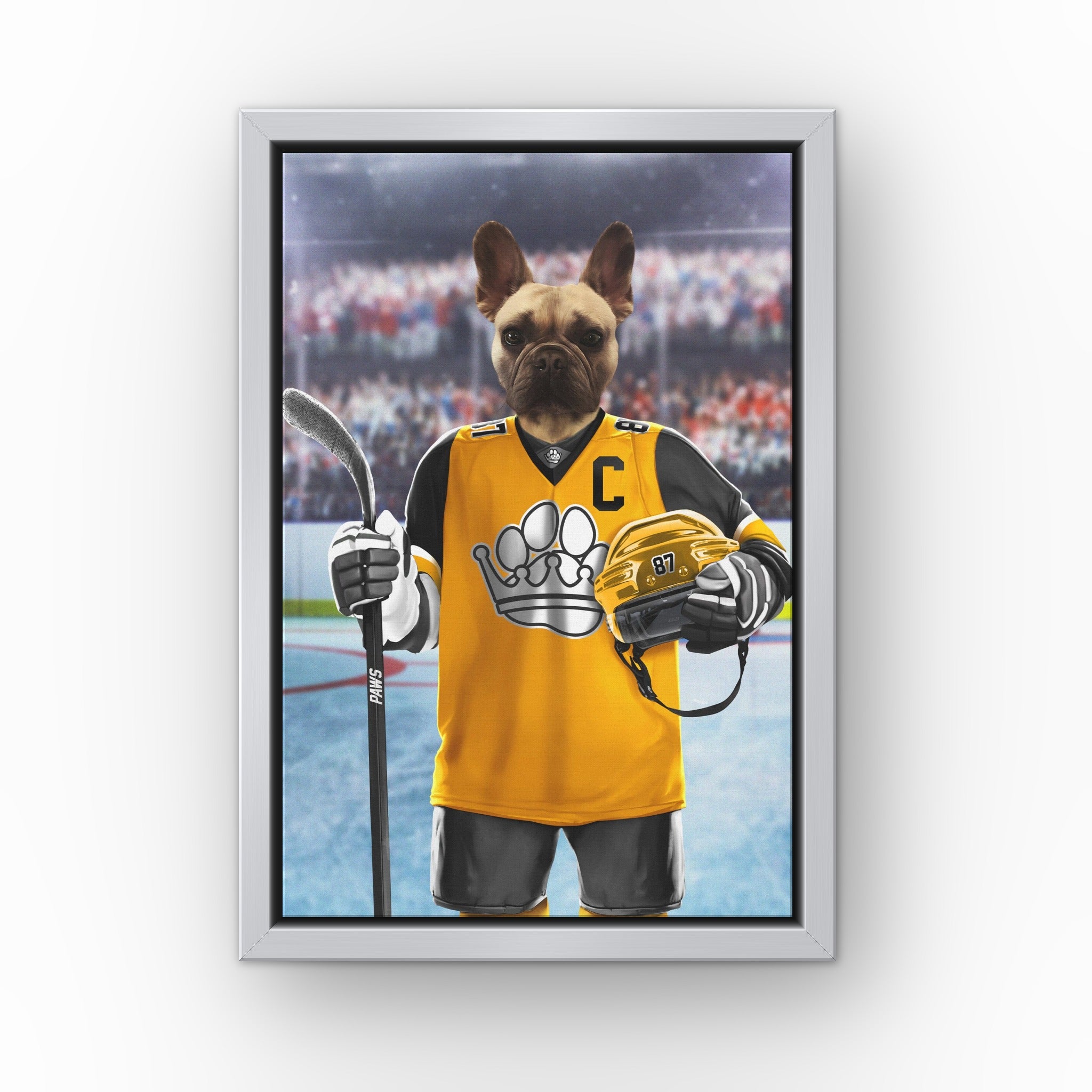 The Paws custom pet canvas in a silver floating frame