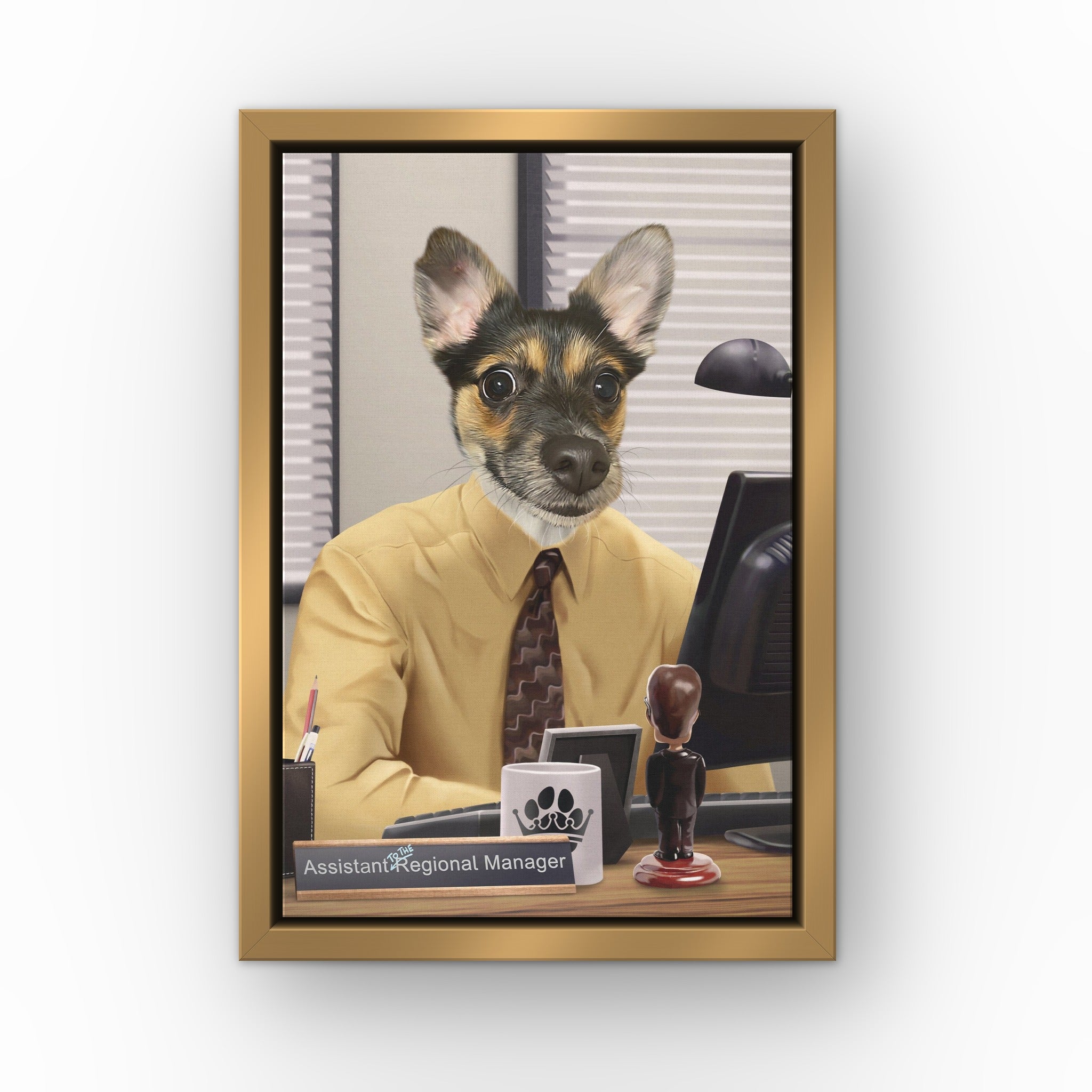 The Pawssistant Manager custom pet canvas in a gold floating frame