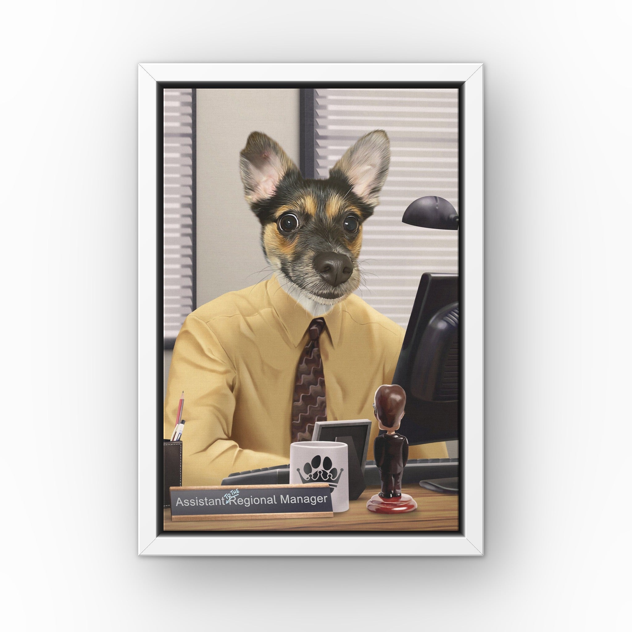 The Pawssistant Manager custom pet canvas in a white floating frame