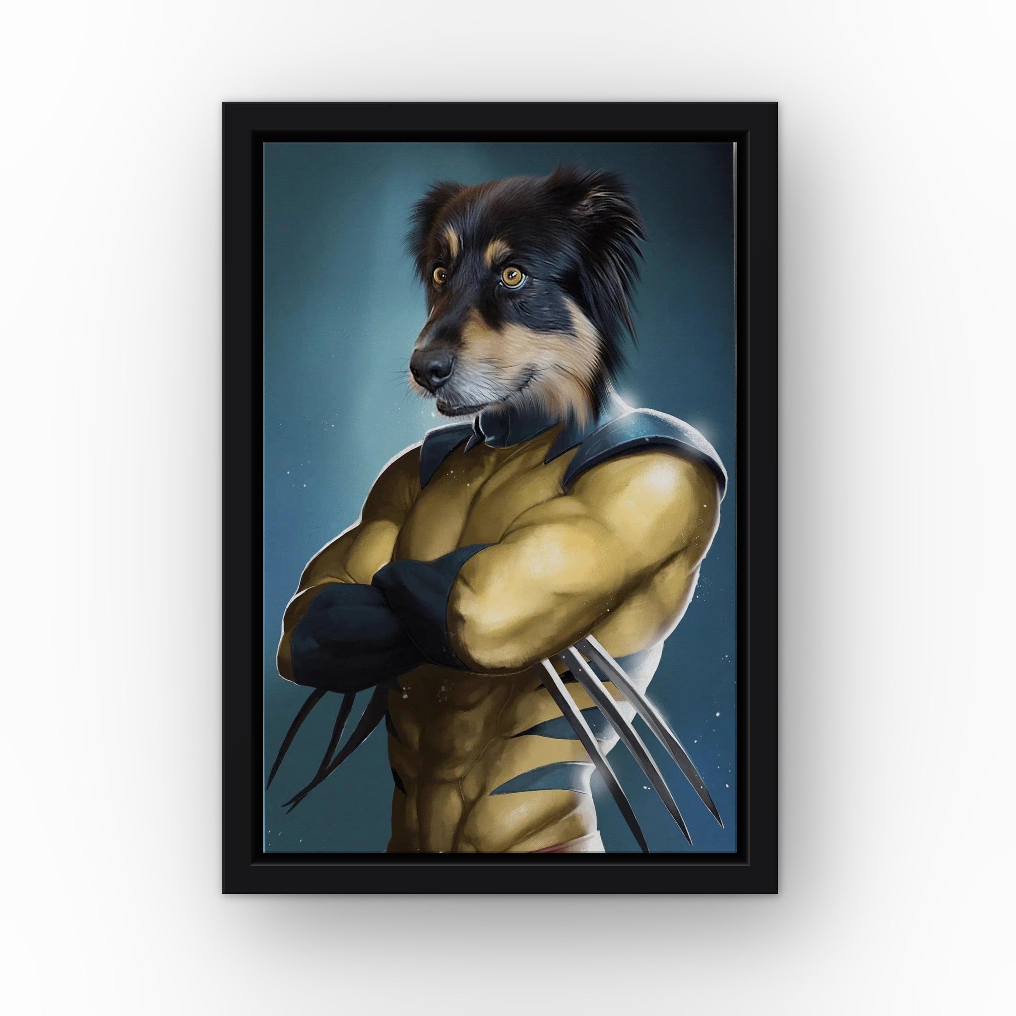 The Pawverine custom pet canvas in a black floating frame
