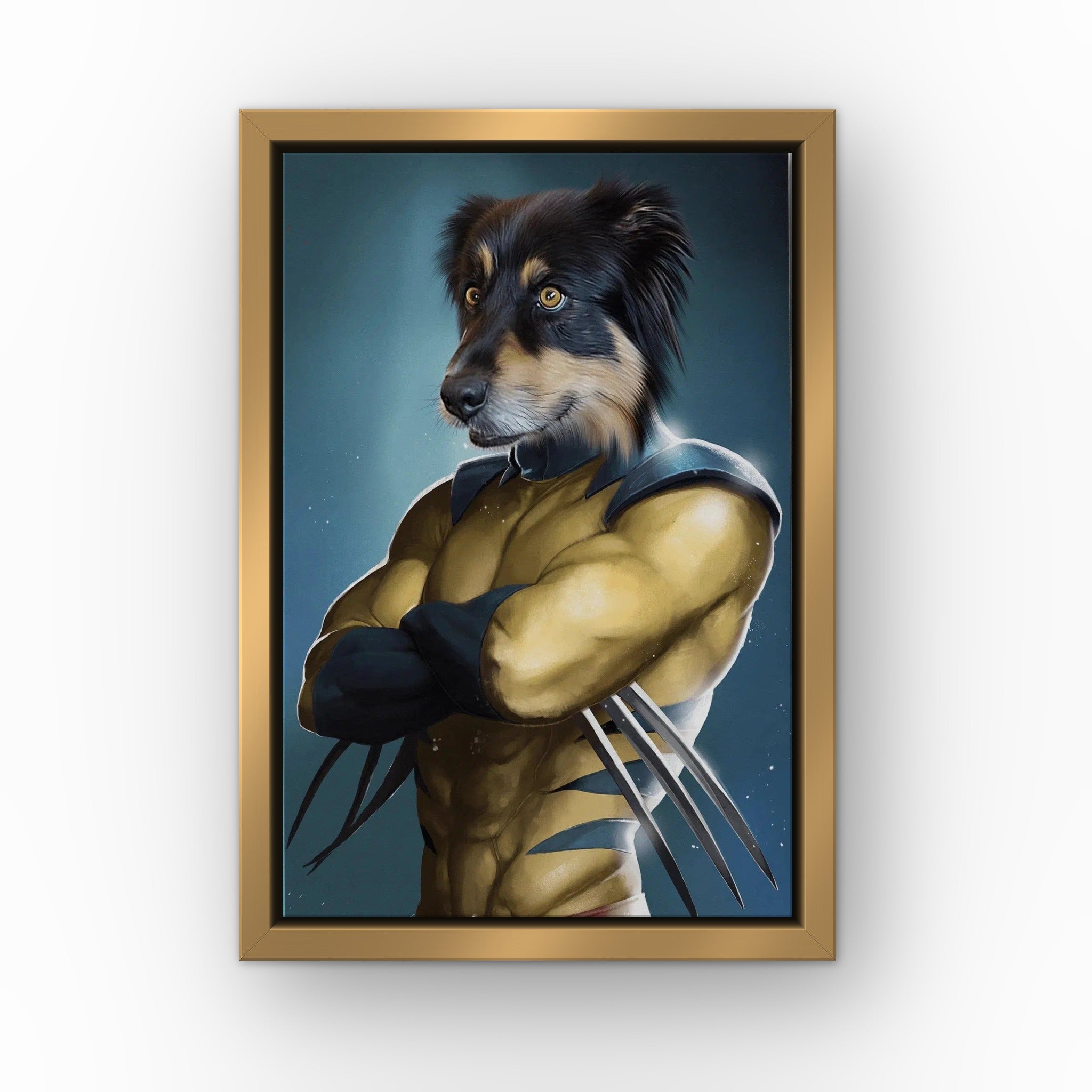 The Pawverine custom pet canvas in a gold floating frame