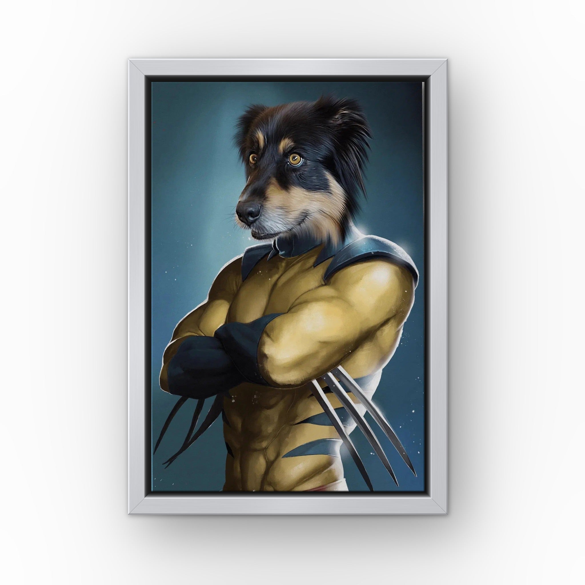 The Pawverine custom pet canvas in a silver floating frame