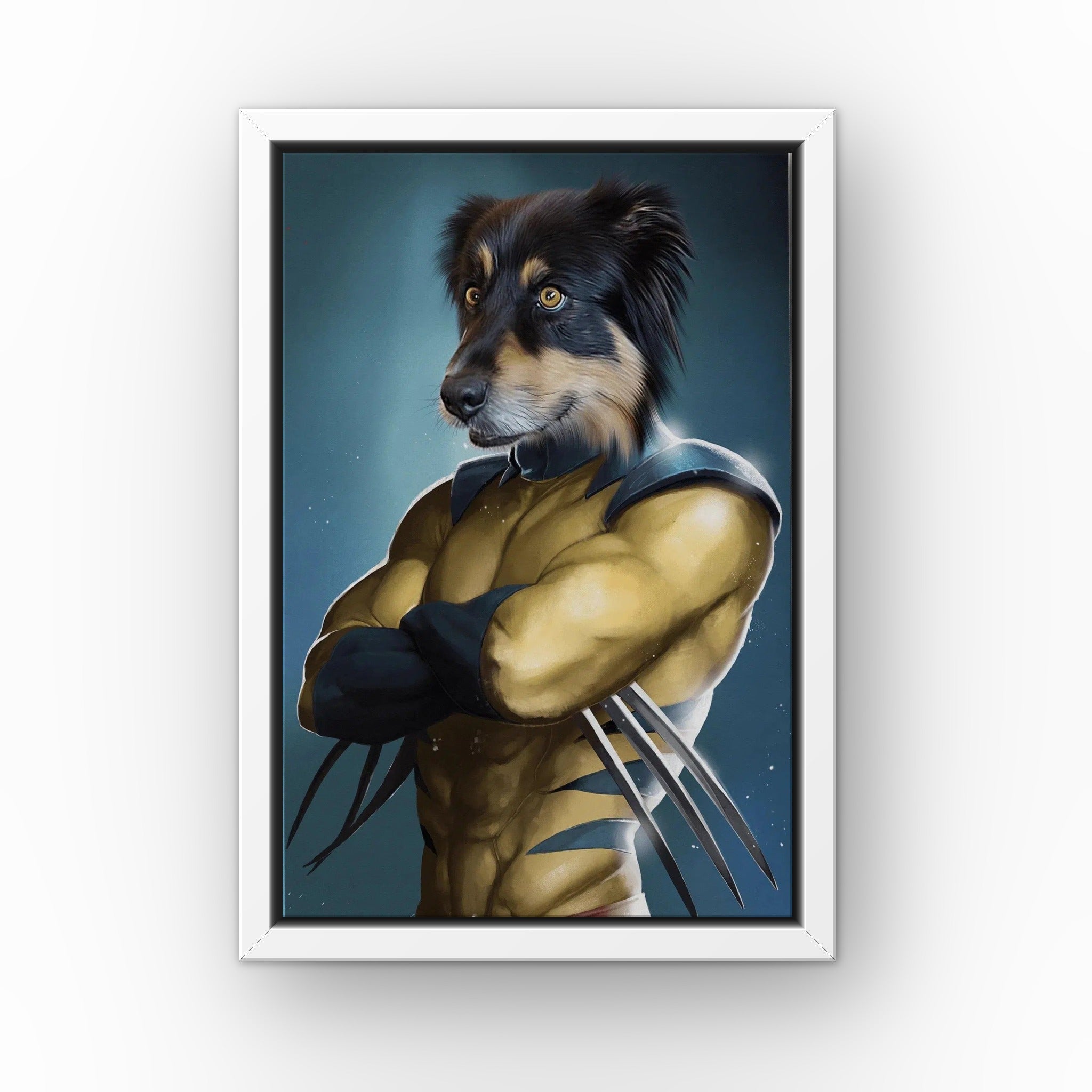 The Pawverine custom pet canvas in a white floating frame