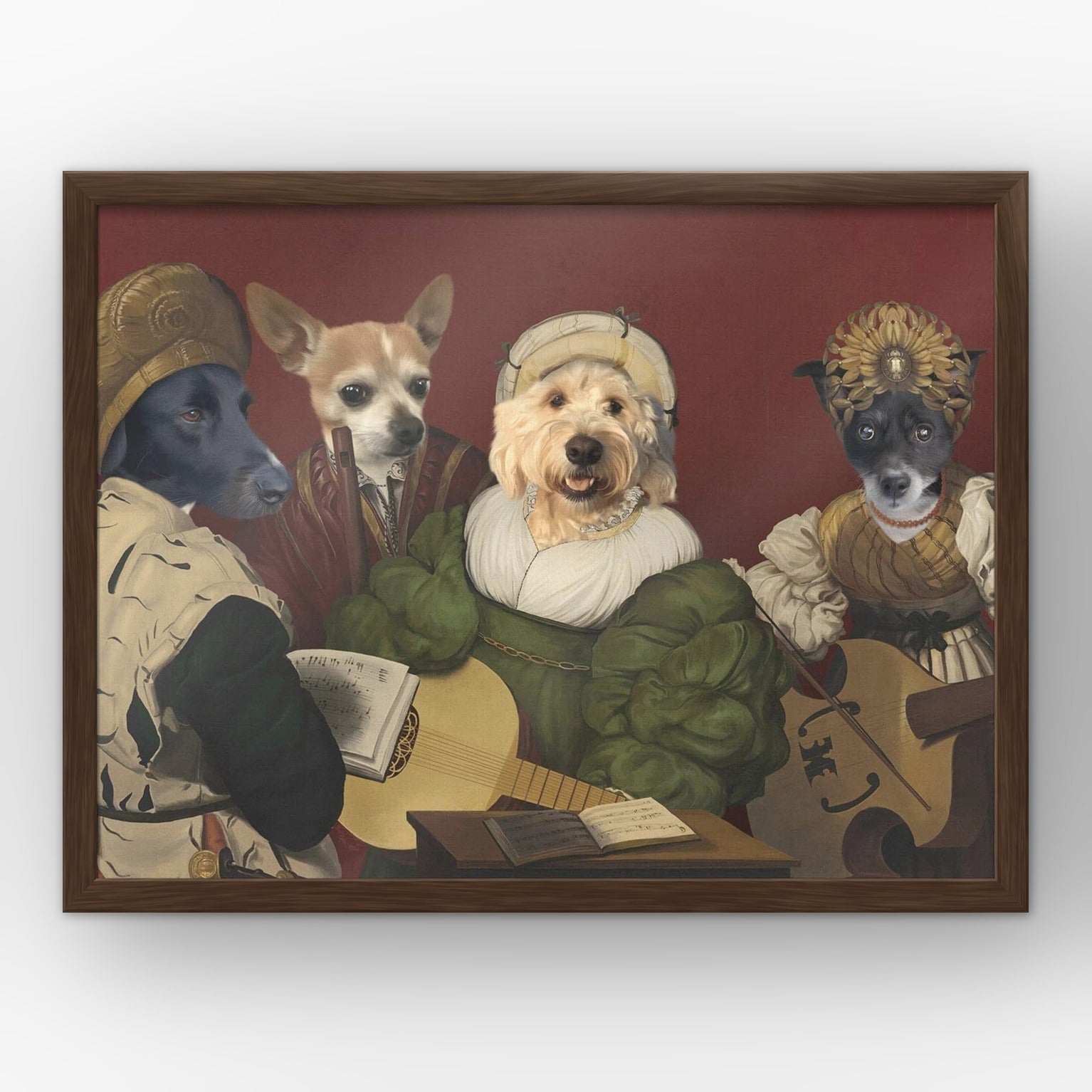 The Quartet custom pet poster in a walnut frame