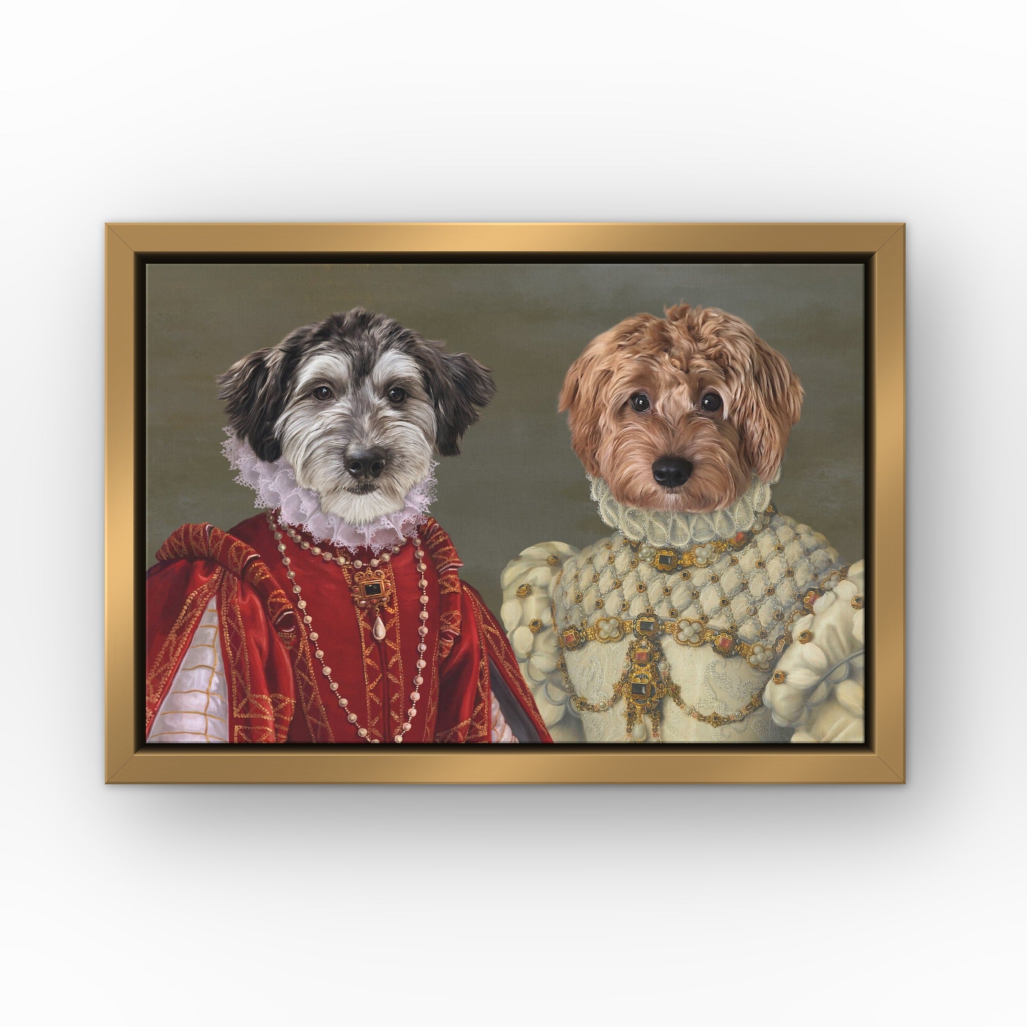 The Queen of Roses and Princess custom pet canvas in a gold floating frame