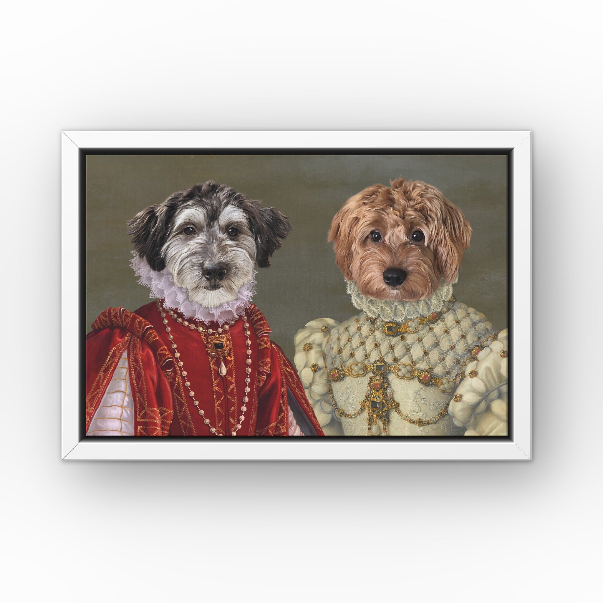 The Queen of Roses and Princess custom pet canvas in a white floating frame