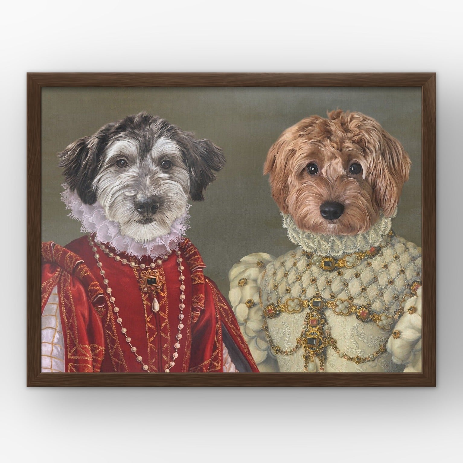 The Queen of Roses and Princess custom pet poster in a walnut frame