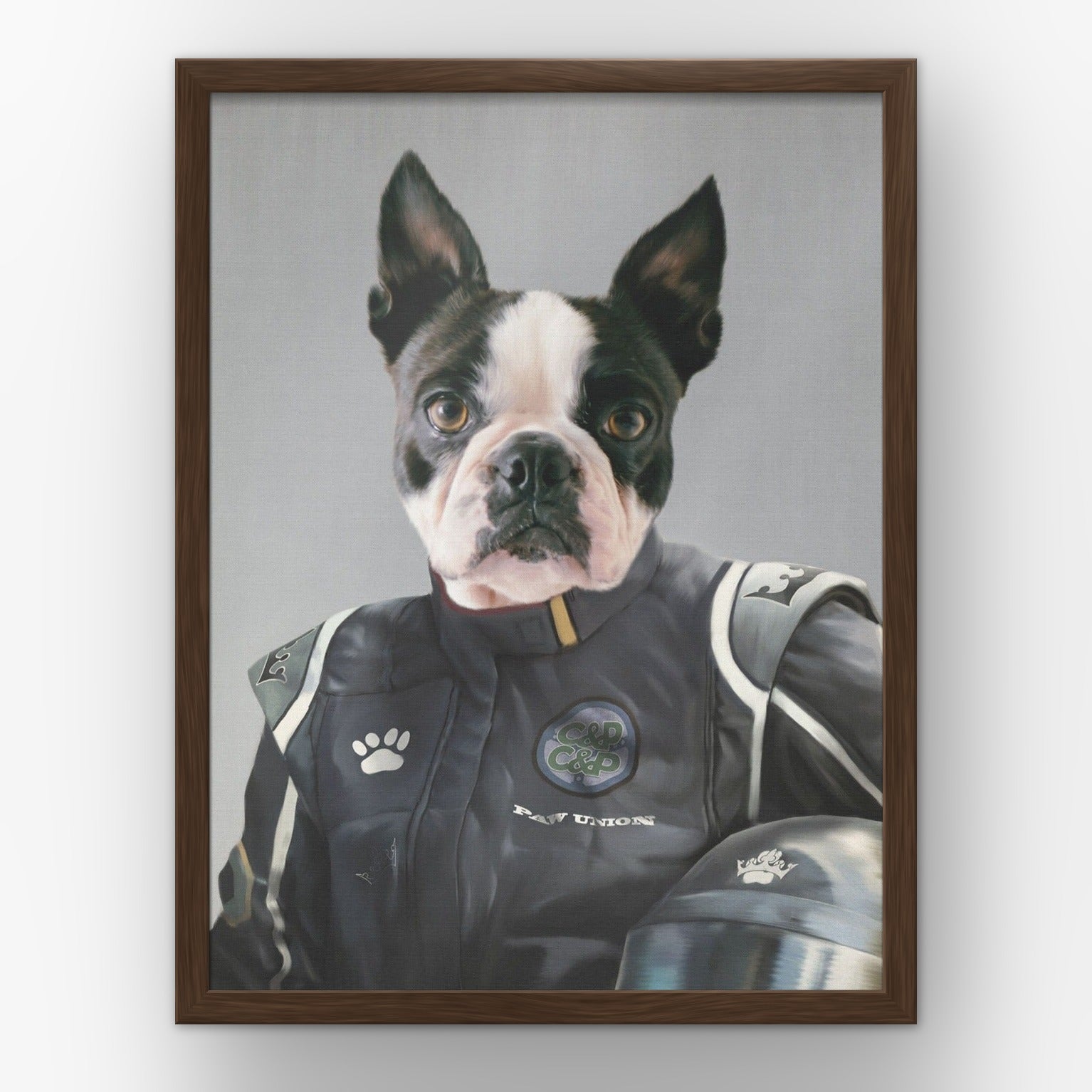 The Race Car Driver custom pet poster in a walnut frame