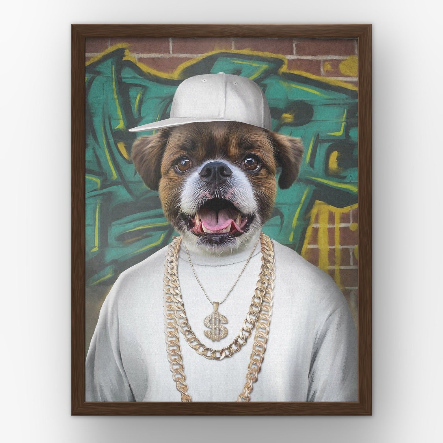 The Rapper custom pet poster in a walnut frame