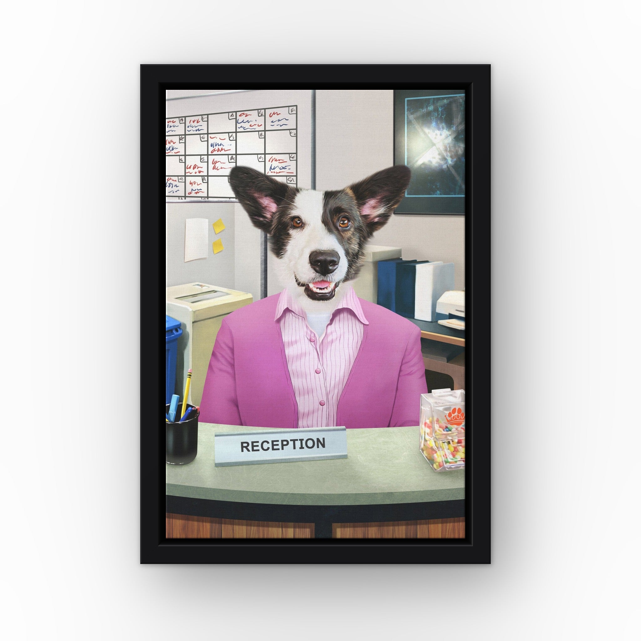 The Recepawnist custom pet canvas in a black floating frame