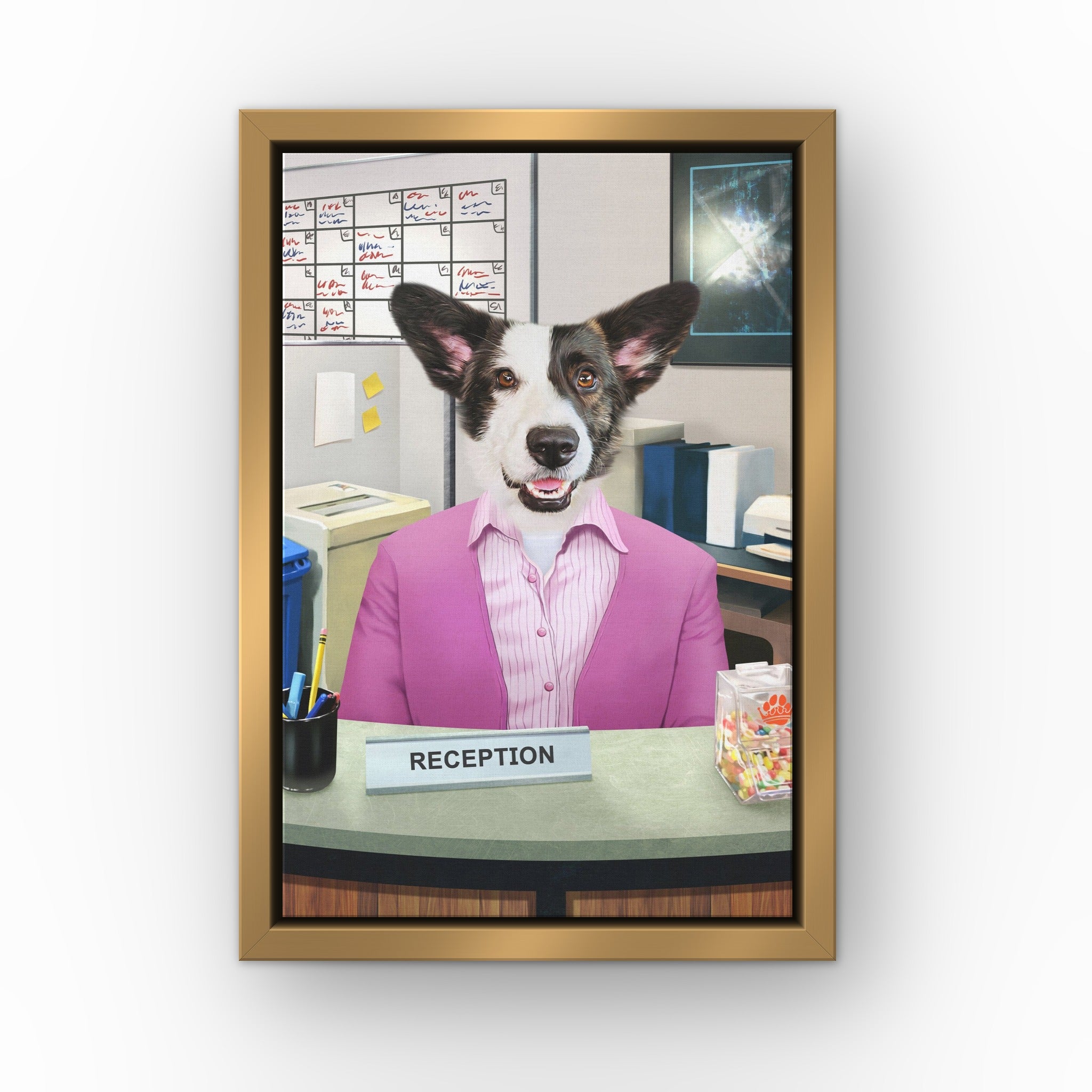 The Recepawnist custom pet canvas in a gold floating frame