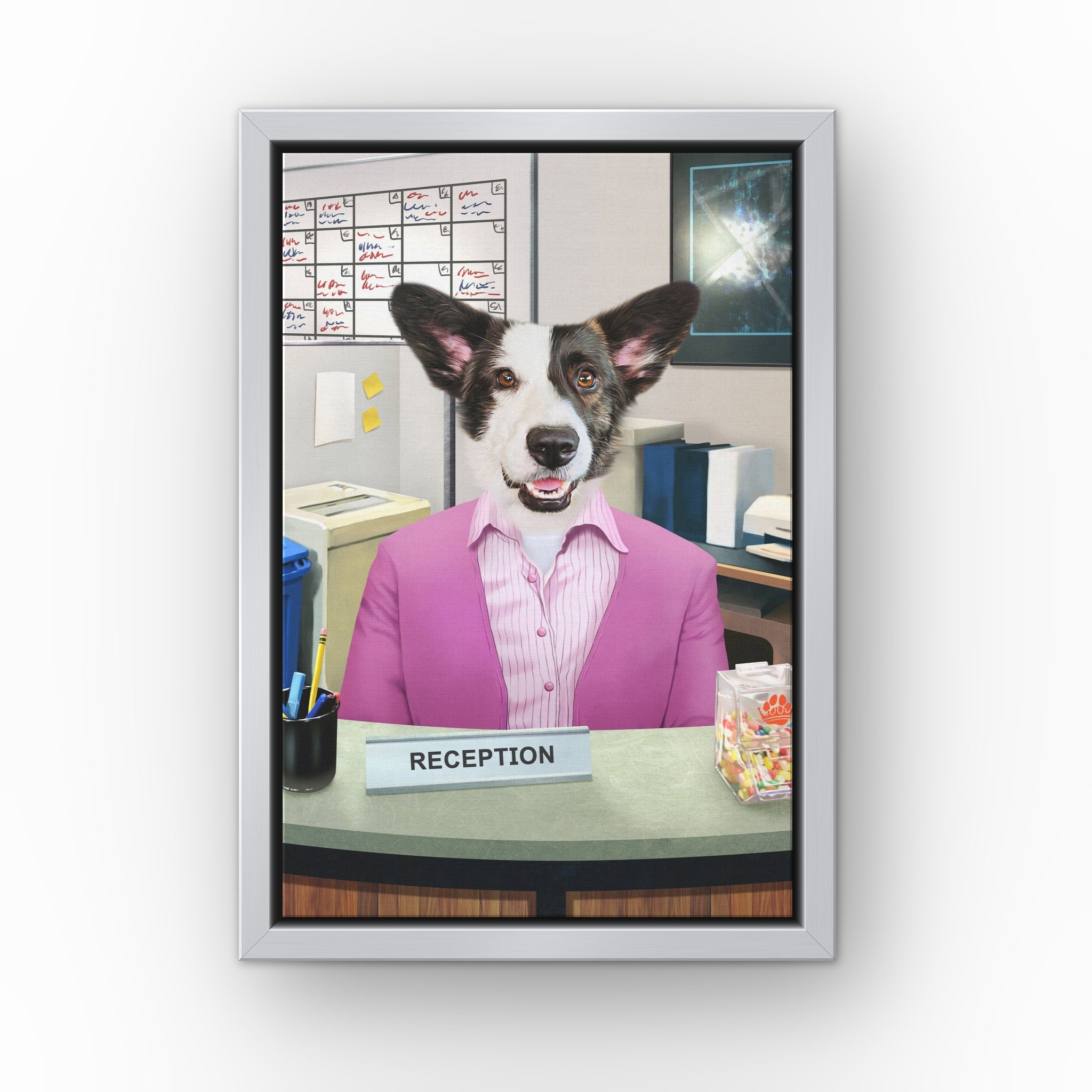 The Recepawnist custom pet canvas in a silver floating frame