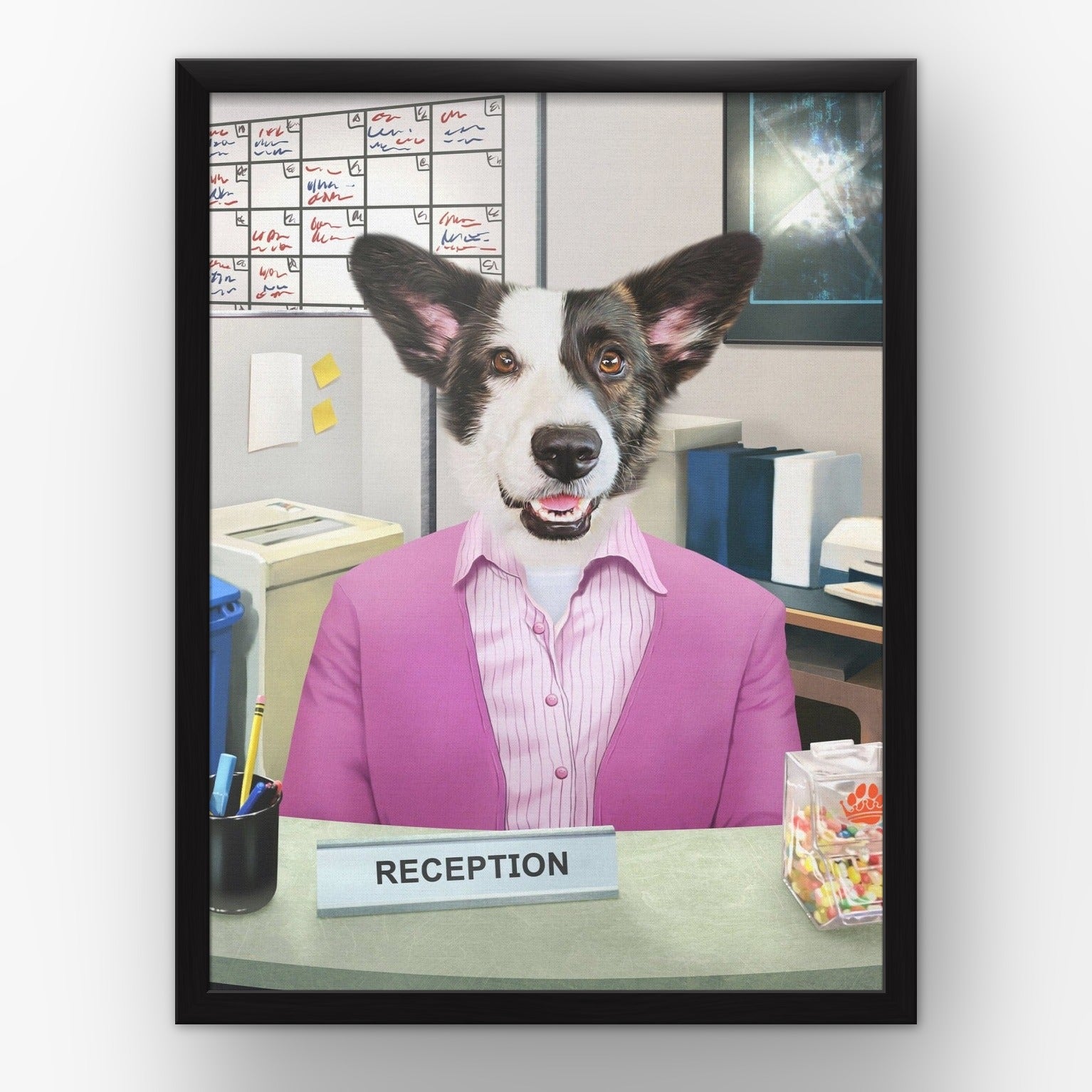 The Recepawnist custom pet poster in a black frame