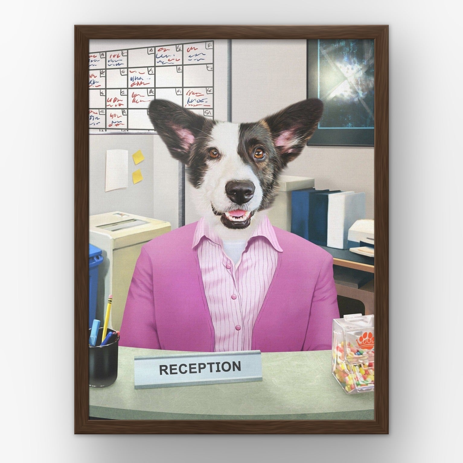 The Recepawnist custom pet poster in a walnut frame