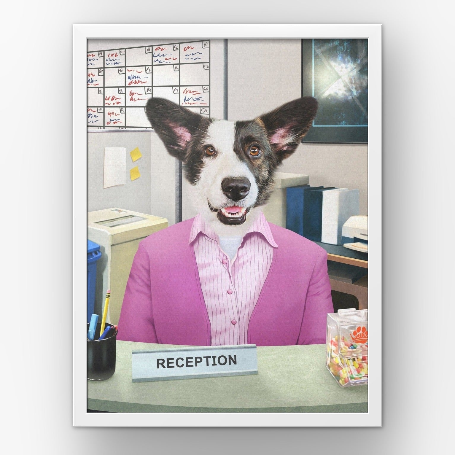 The Recepawnist custom pet poster in a white frame