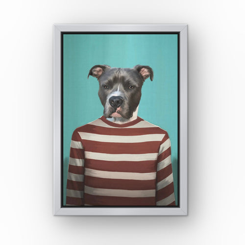The Red Candy Cane custom pet canvas in a silver floating frame