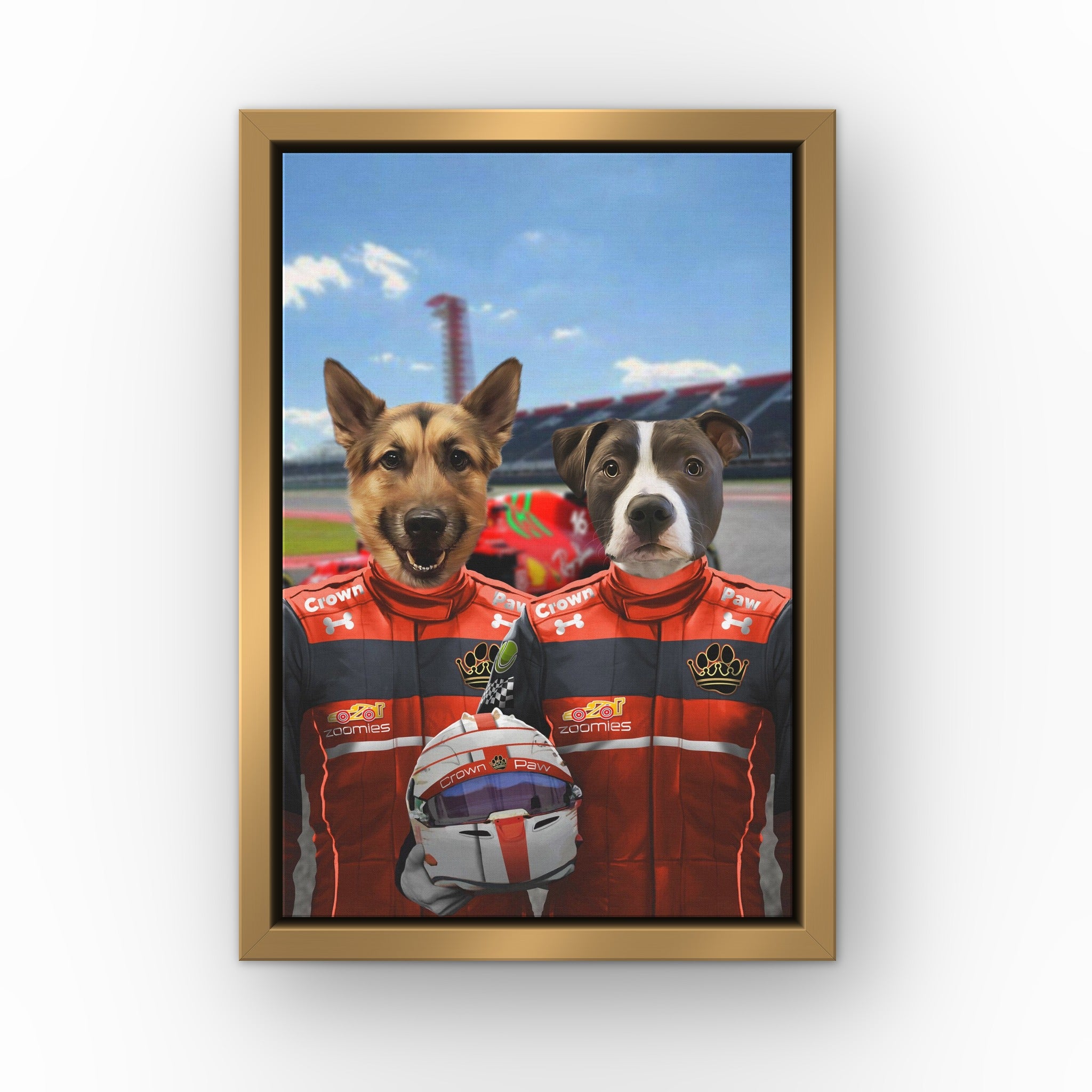 The Red Drivers custom pet canvas in a gold floating frame