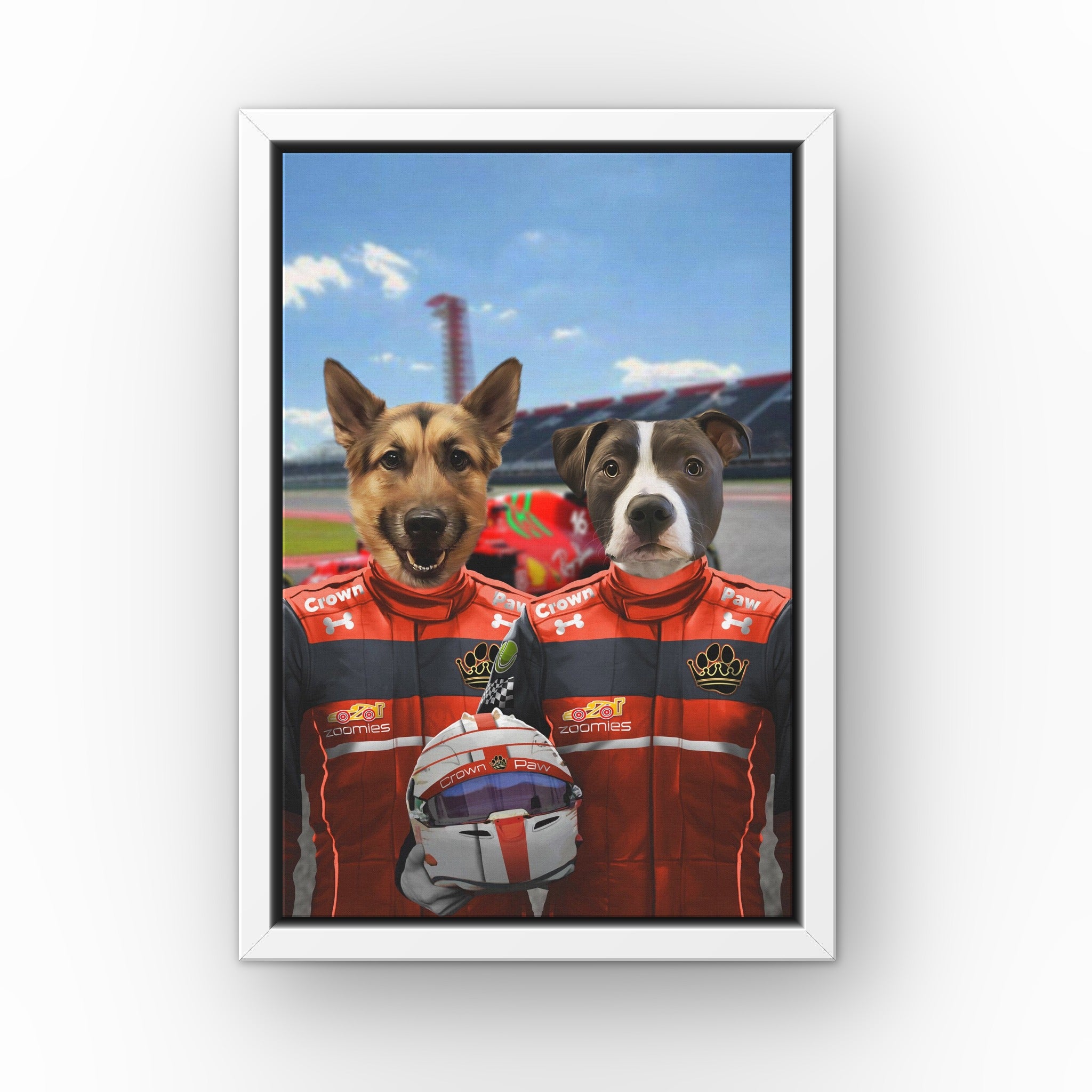 The Red Drivers custom pet canvas in a white floating frame