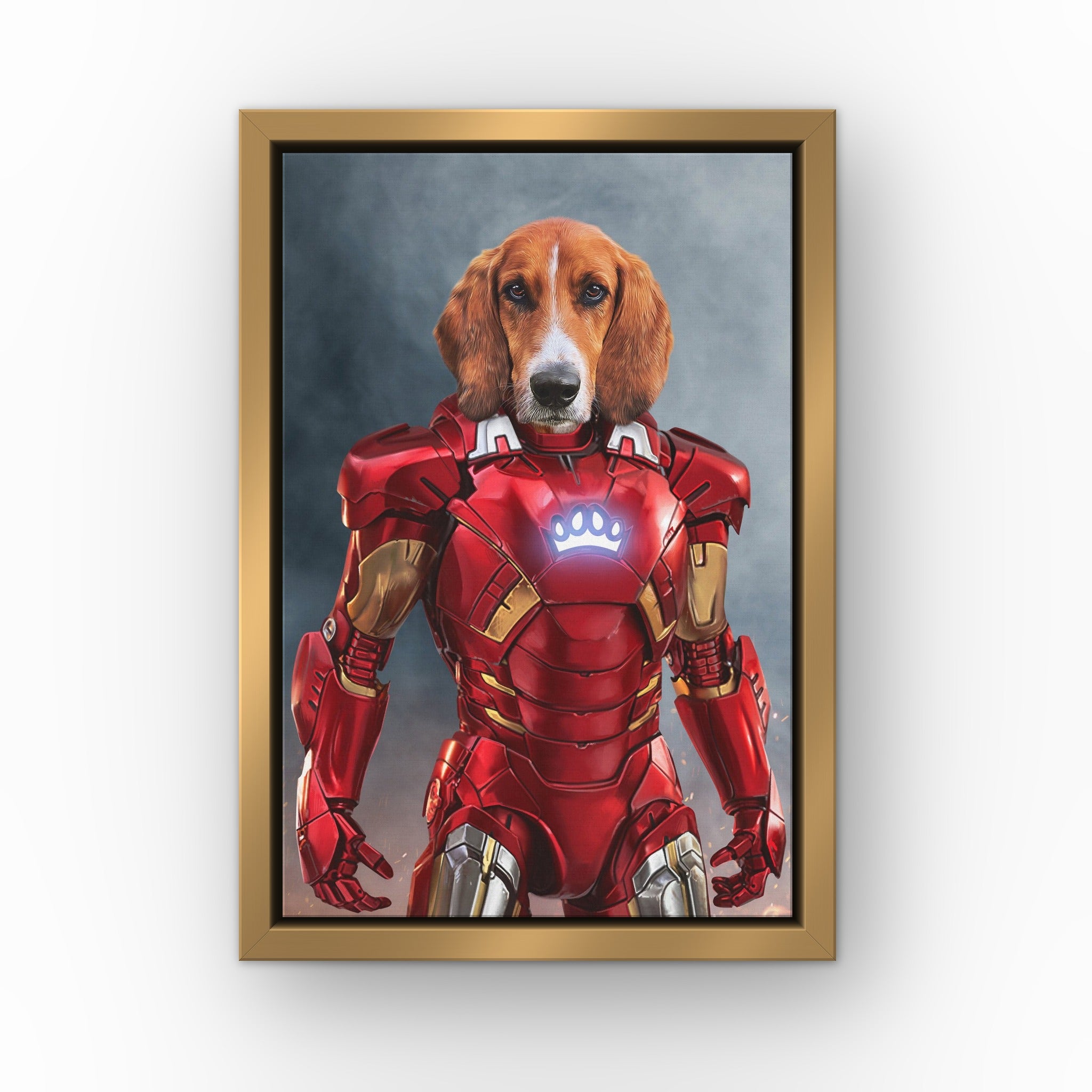 The Rich Hero custom pet canvas in a gold floating frame