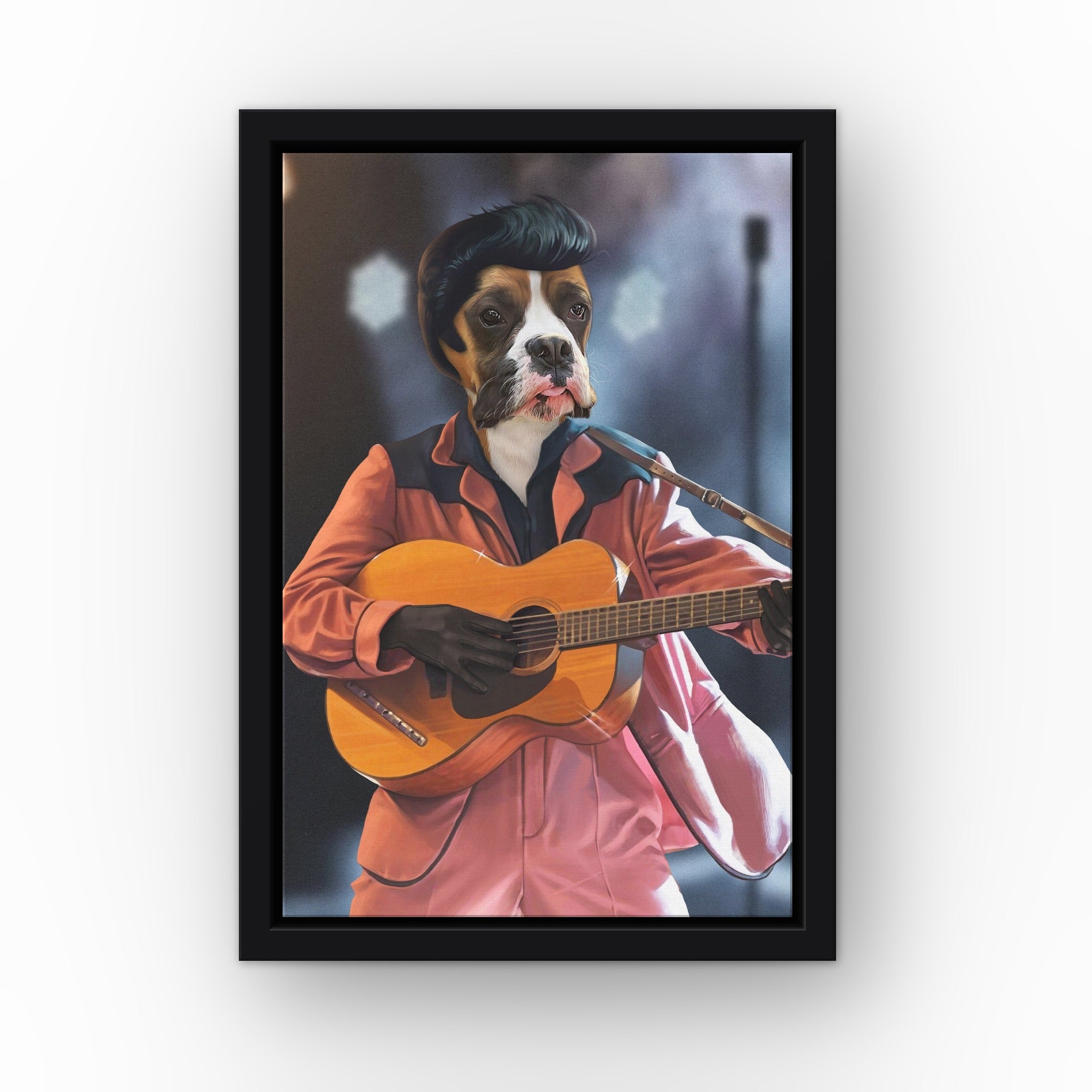 The Rock and Roll King custom pet canvas in a black floating frame