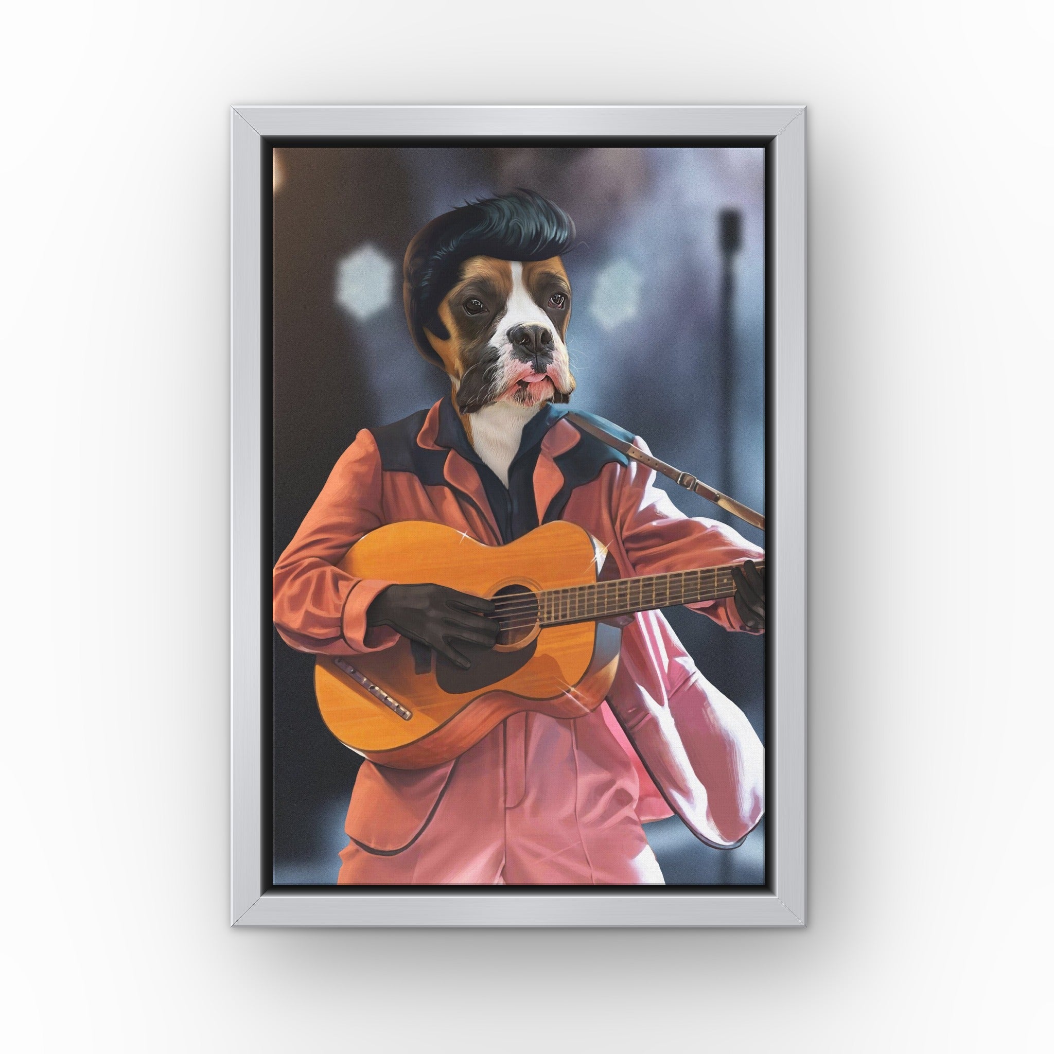 The Rock and Roll King custom pet canvas in a silver floating frame