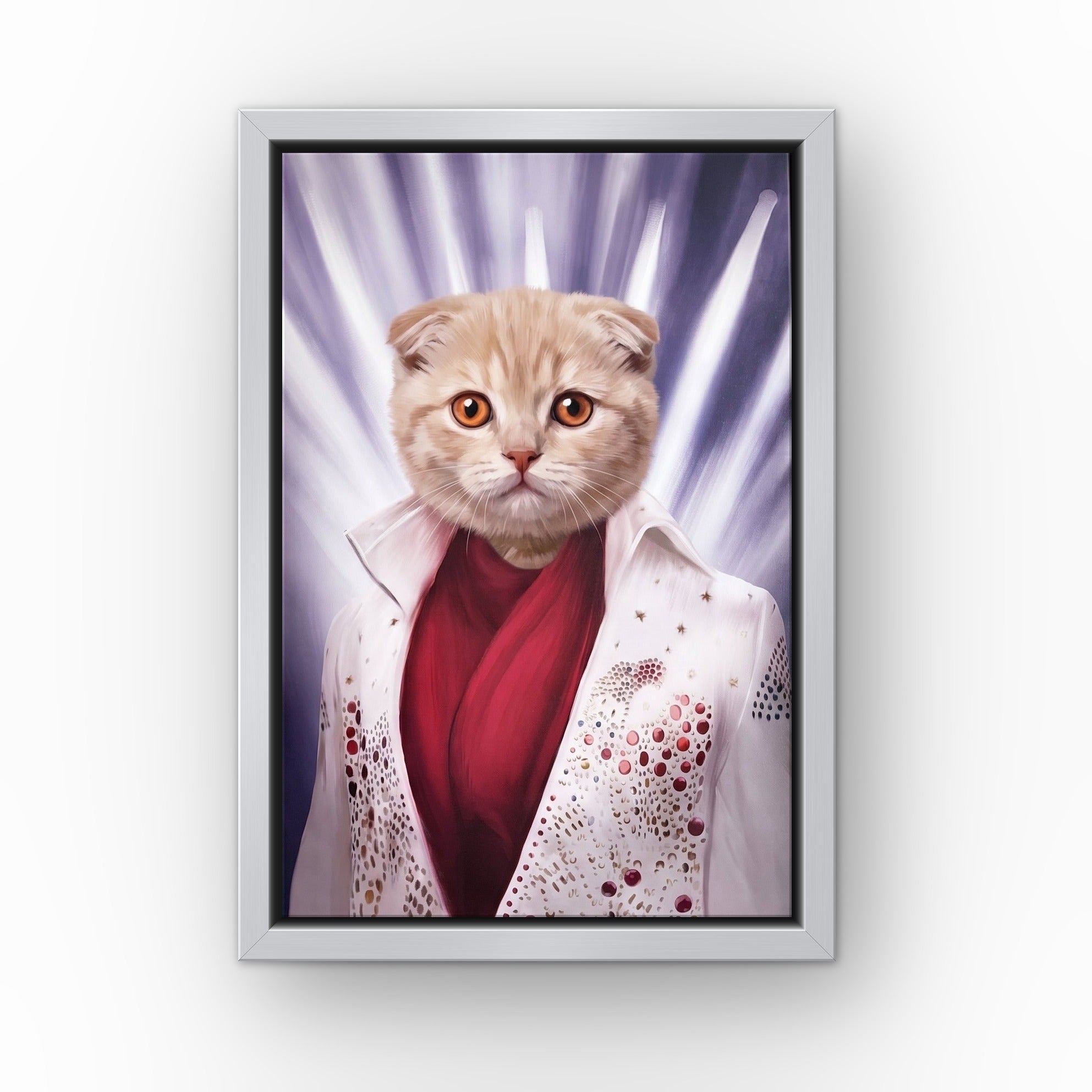 The Rock God custom pet canvas in a silver floating frame