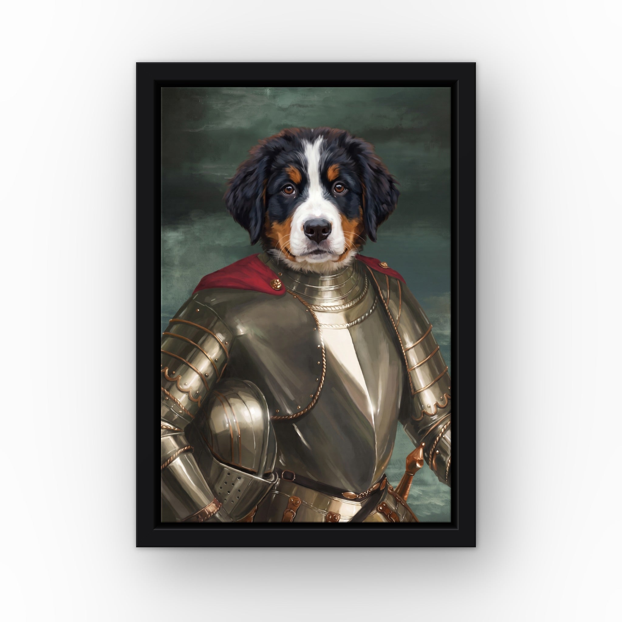 The Royal Knight custom pet canvas in a black floating frame