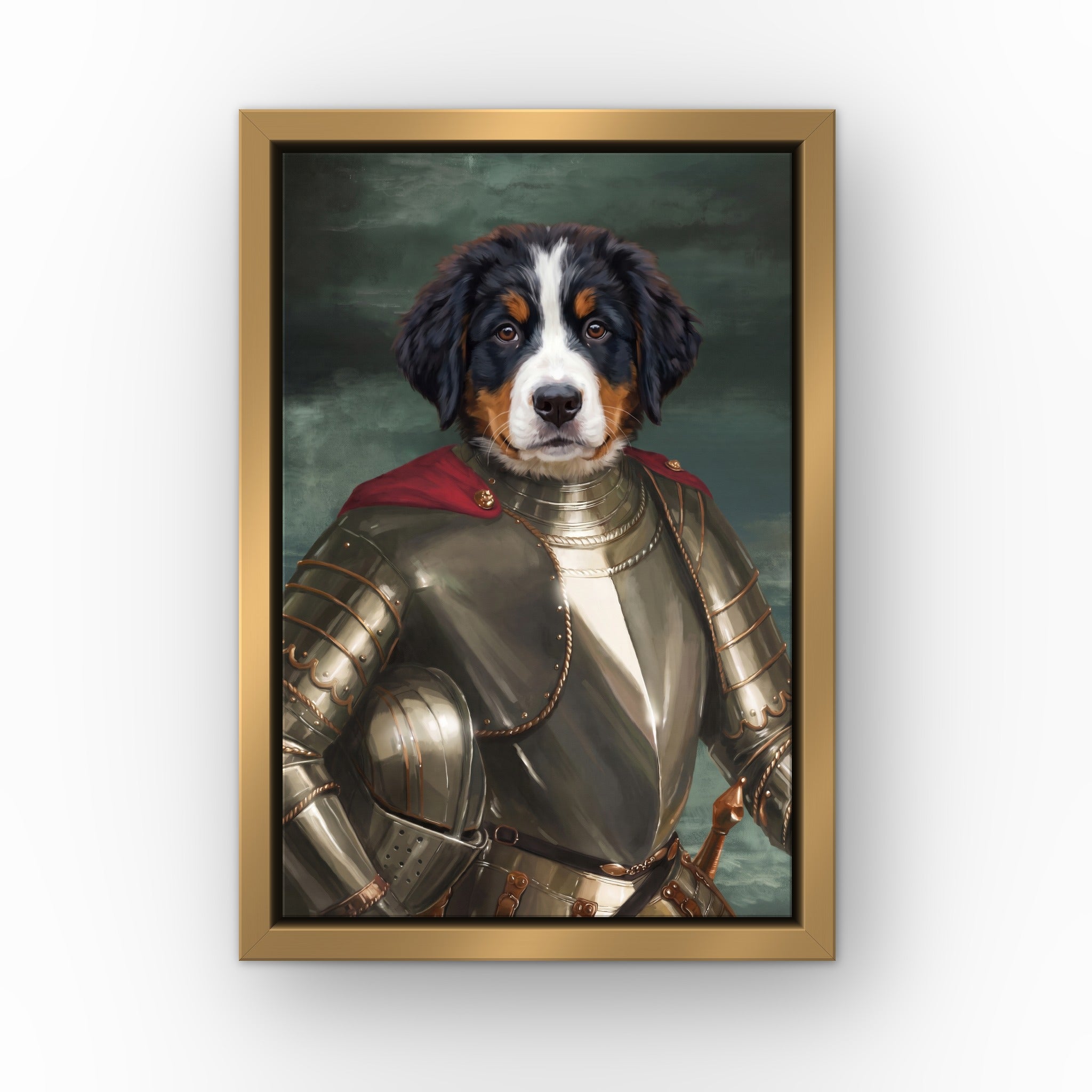 The Royal Knight custom pet canvas in a gold floating frame