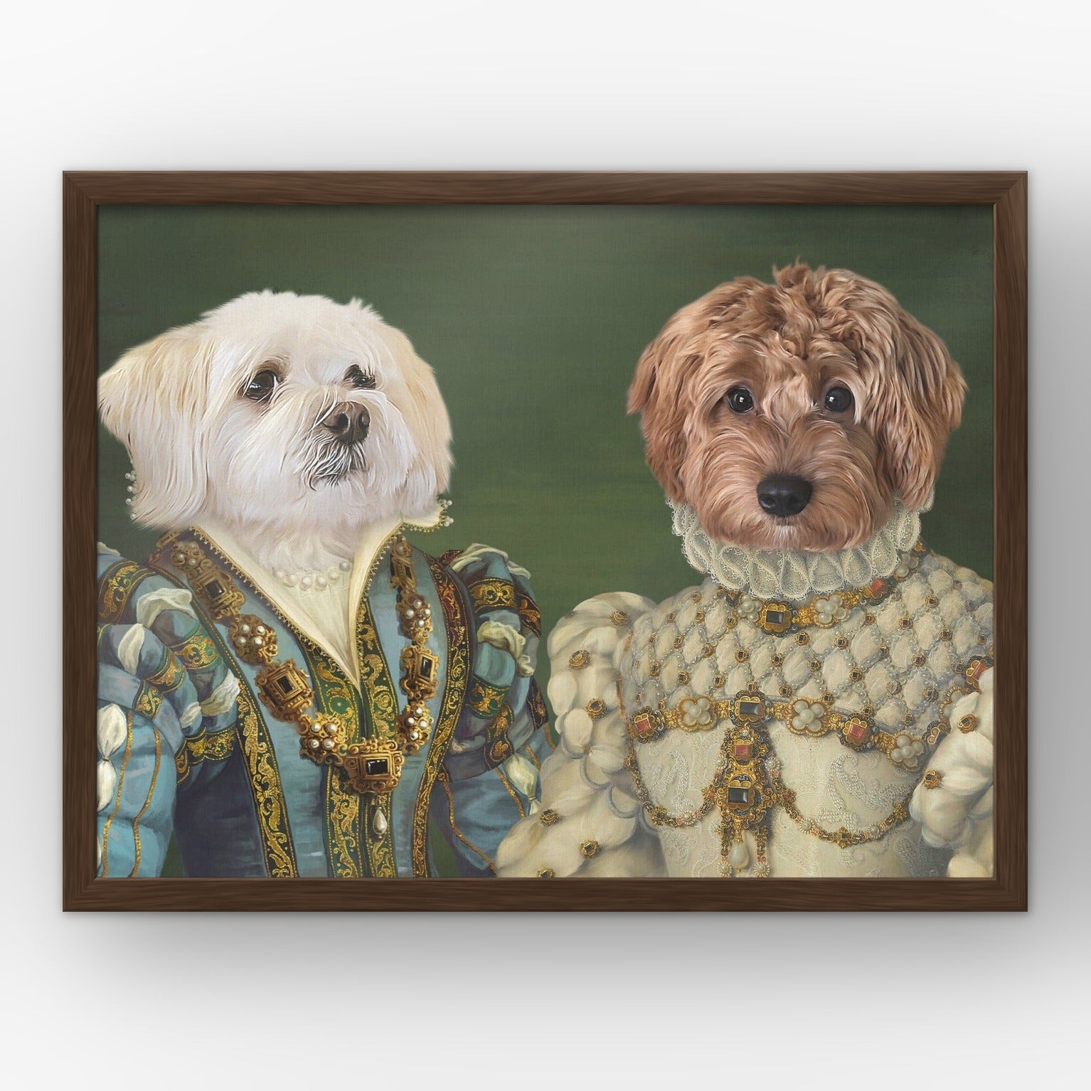 The Sapphire Queen and Princess custom pet poster in a walnut frame