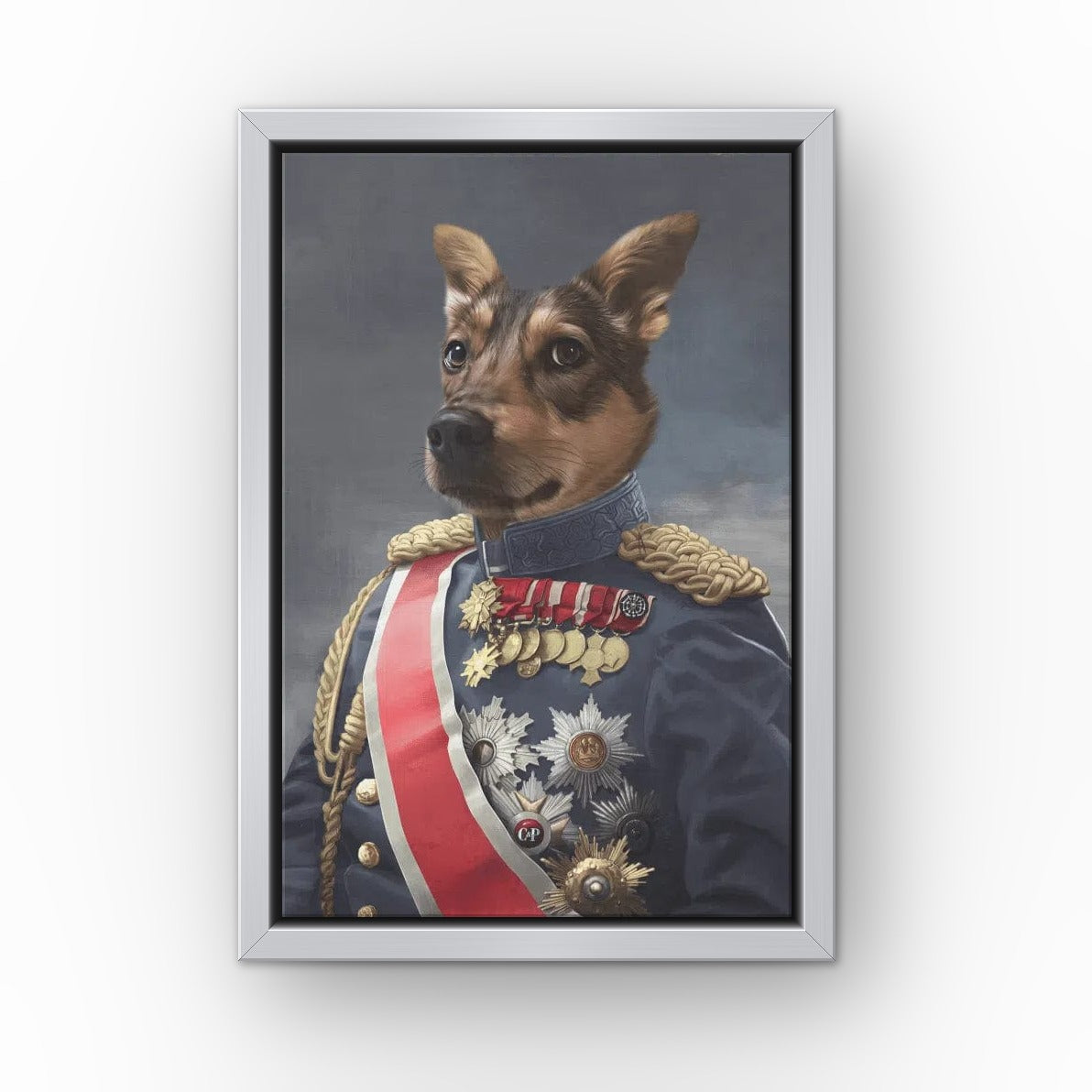 The Sergeant custom pet canvas in a silver floating frame