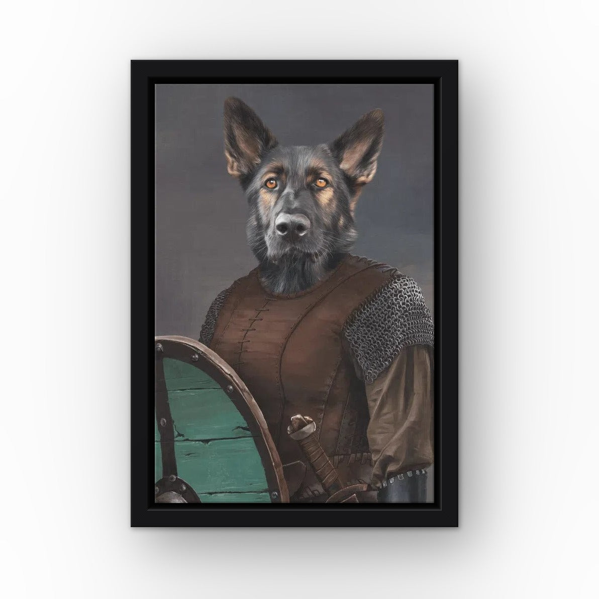 The Shieldmaiden custom pet canvas in a black floating frame
