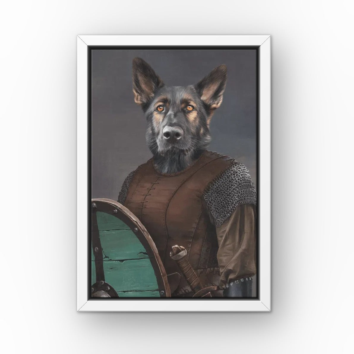 The Shieldmaiden custom pet canvas in a white floating frame