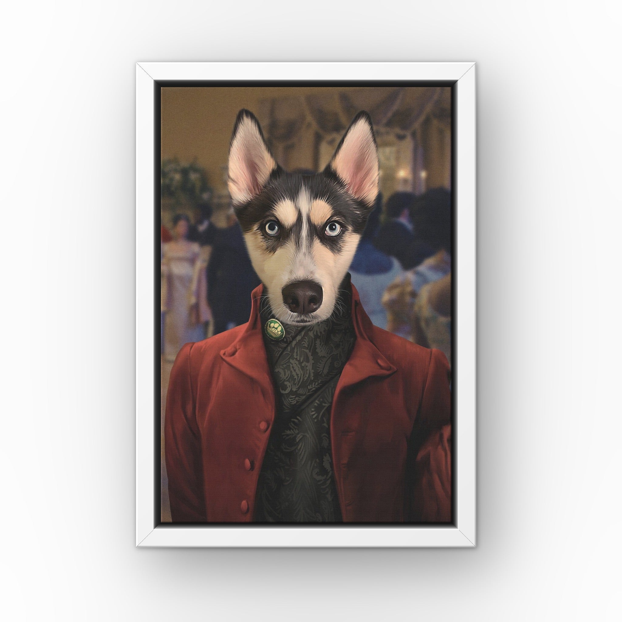 The Simon custom pet canvas in a white floating frame