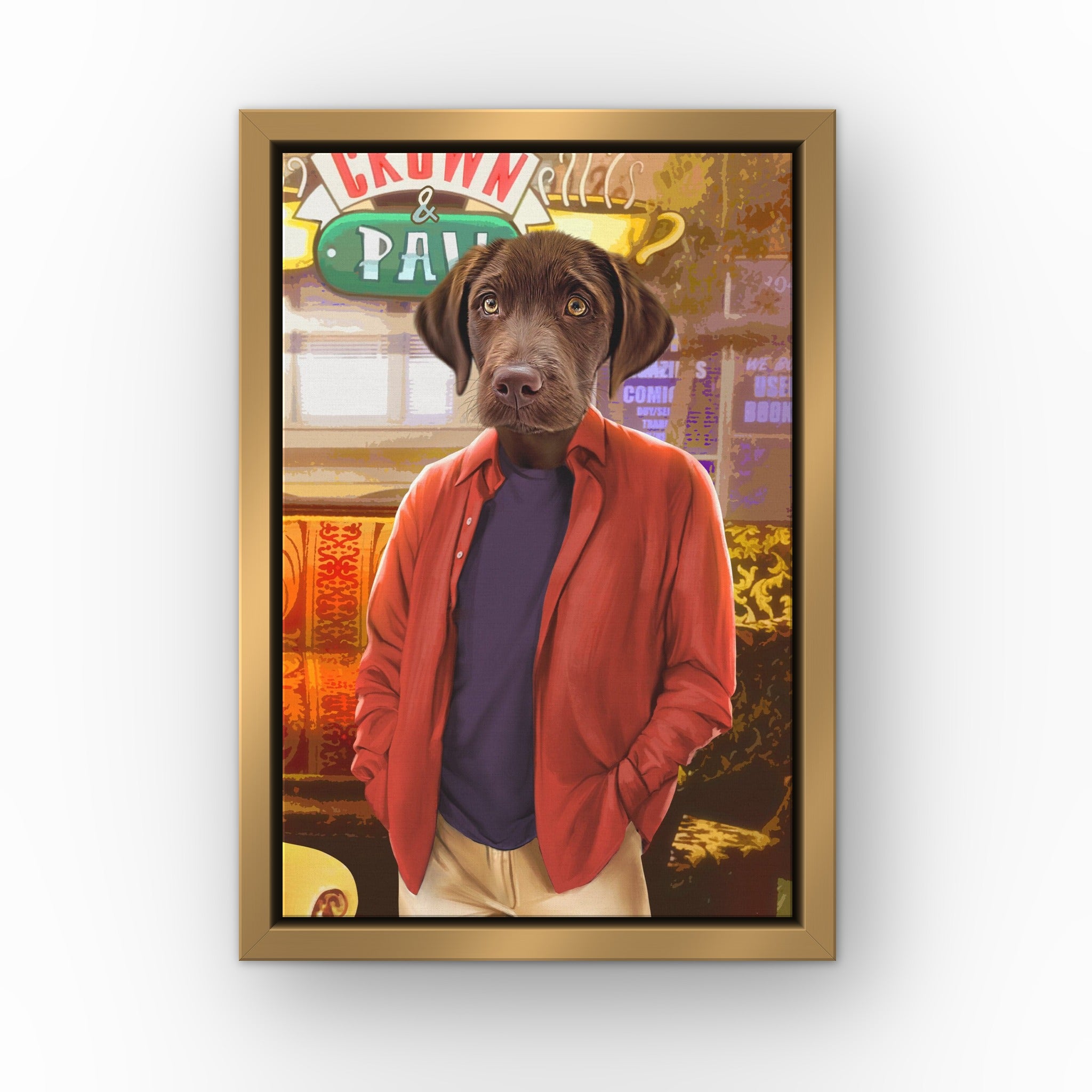The Smart Friend custom pet canvas in a gold floating frame